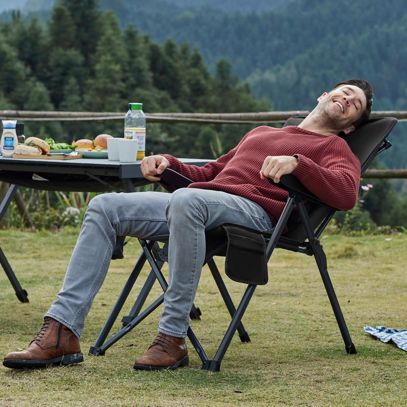 Portal Campingstuhl Faltbar Rückenverstellbar in 3 Positionen Klappstuhl 160 KG Belastbar Hohe Lehne Camping Anglerstuhl Gartenstuhl Liegestuhl Alu für Garten Balkon Picknick