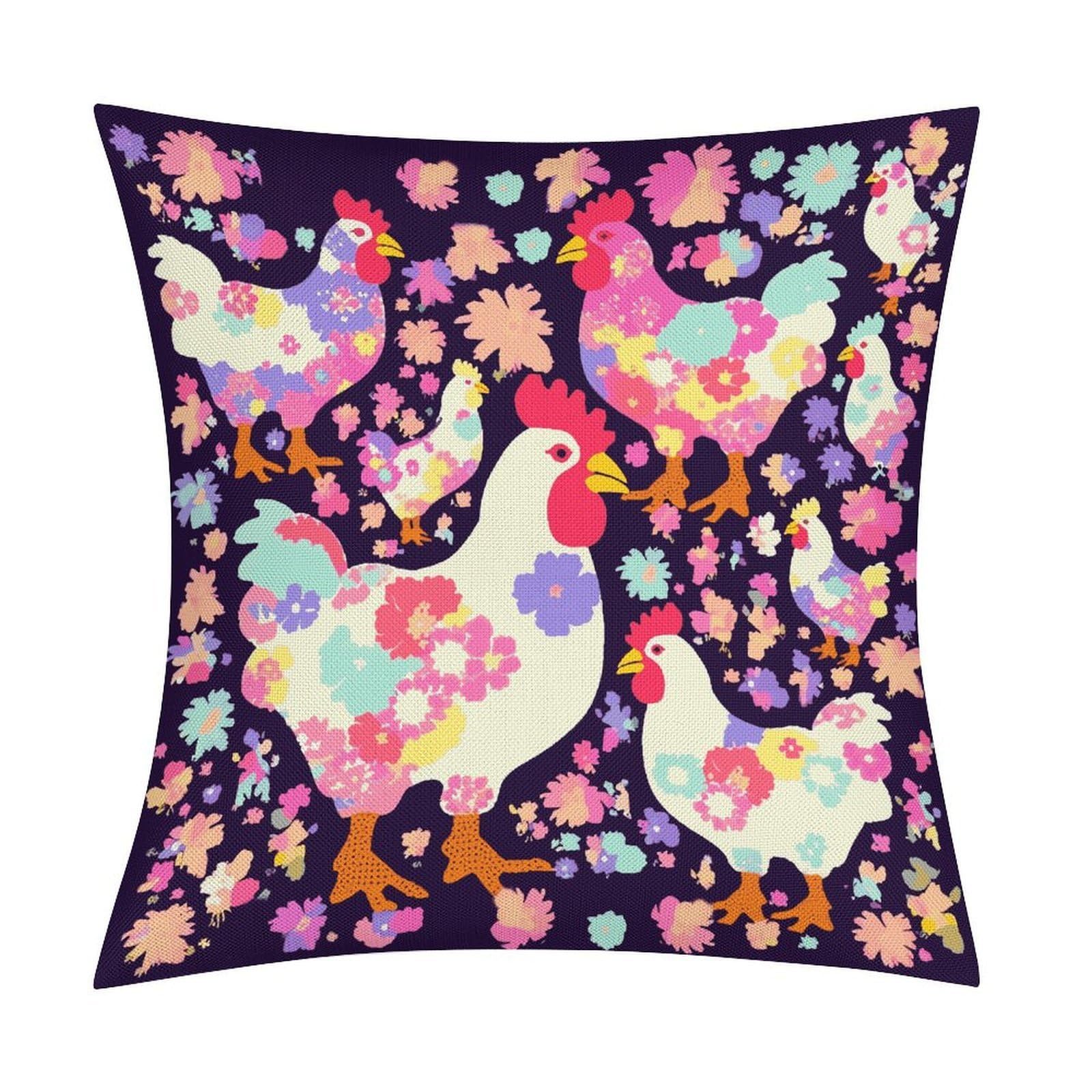 Fodpand Style Flower Heart Chicken Pillow Covers 18X18 Inch, Pillow Cases Boho Farmhouse, Throw Pillow Covers For Couch Sofa Bed Spring Home Decor