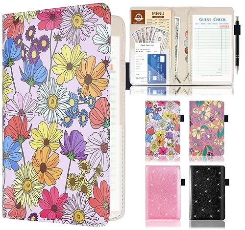 Libreta de servidor con 2 bolsillos con cremallera, cubierta floral de cuero, organizador de libros para camarera, bonita cartera de dinero con