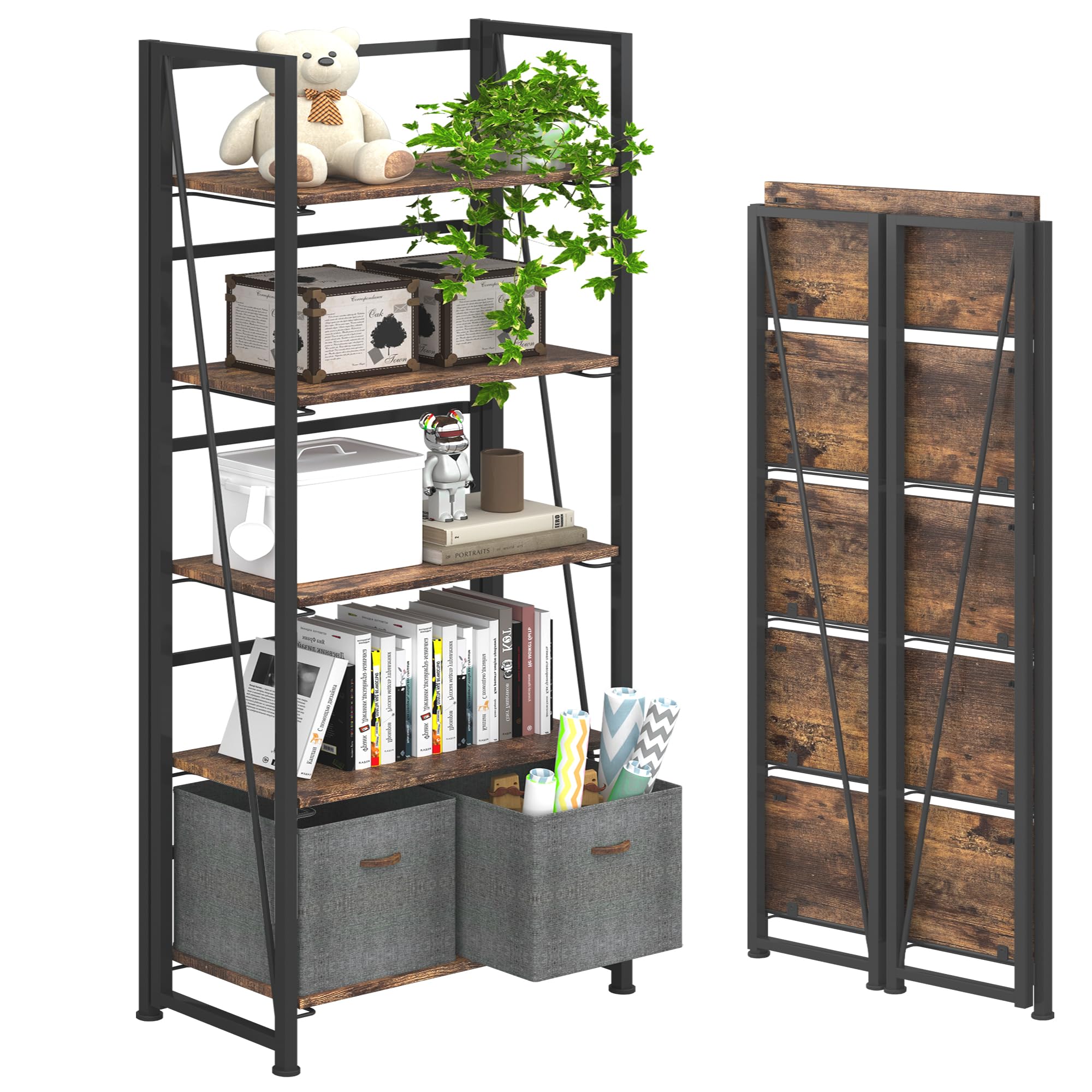 4NM No-Assembly Folding Bookshelf Storage Shelves 5 Tiers Vintage Bookcase Standing Racks Study Organizer Home Office (Rustic Brown and Black)