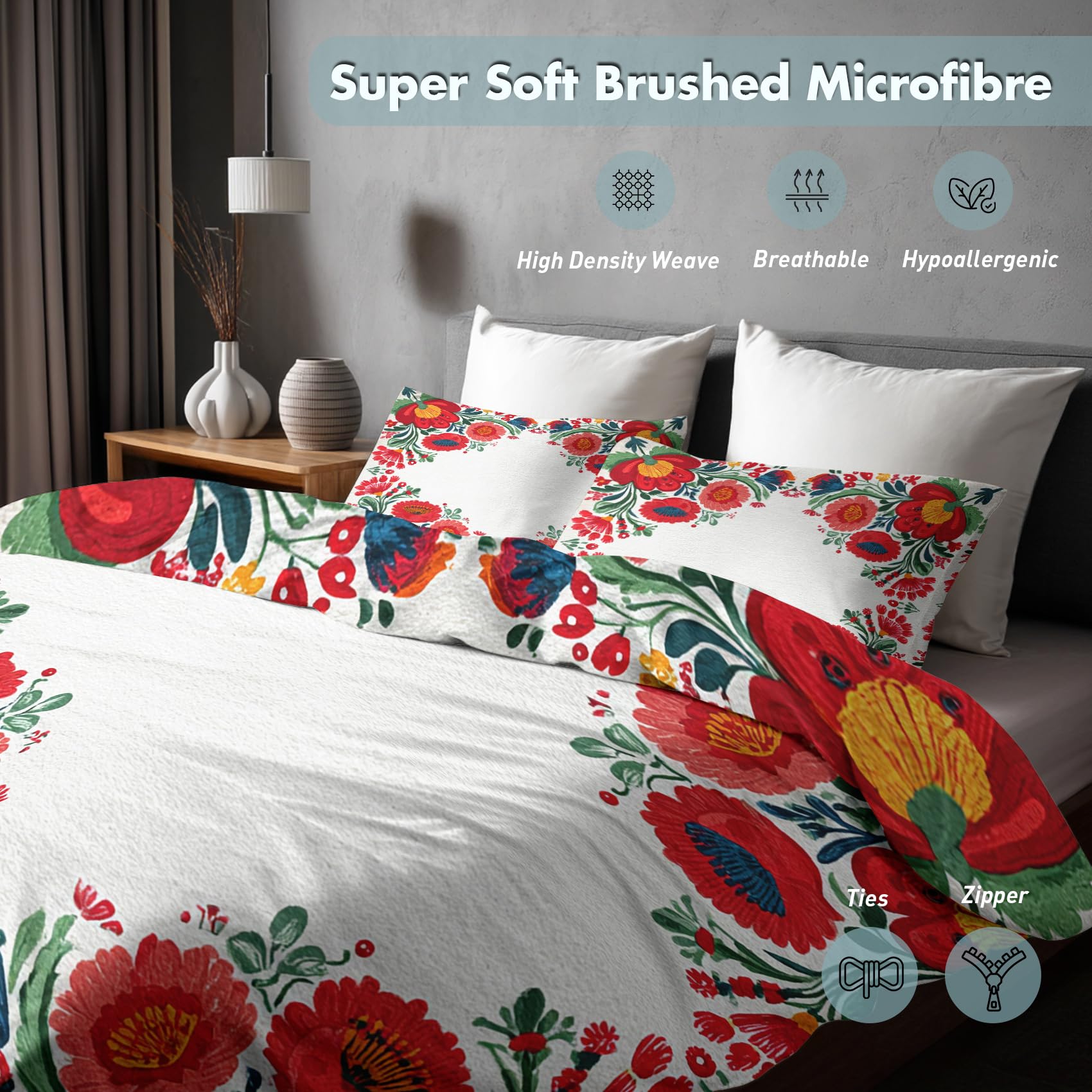 Generisch Blumen Rot Bettwäsche 135x200 2er Set Deckenbezug, Geschenk | Landhausstil Floral Muster, Bettbezug Set, Bügelfreie, Reißverschluss, Kissenbezug, Wendebettwäsche Blumen Rot Deko