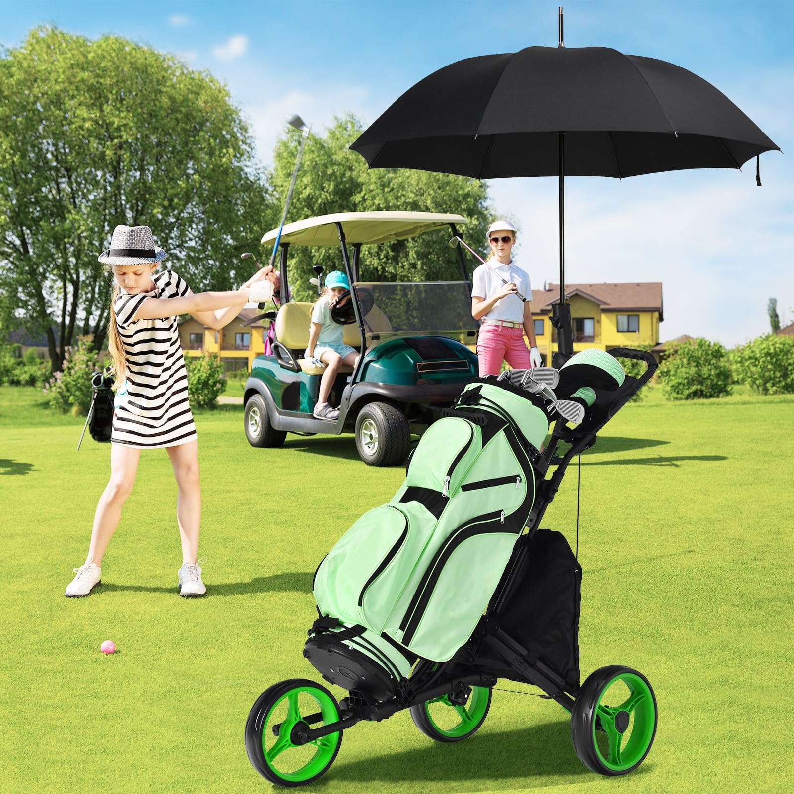 LIFEZEAL Carrello da golf pieghevole, 3 ruote Golf Push Cart con freno a pedale, carrello da golf con 3 posizioni regolabili in altezza, pieghevole con portaombrelli e portabottiglie e borsa