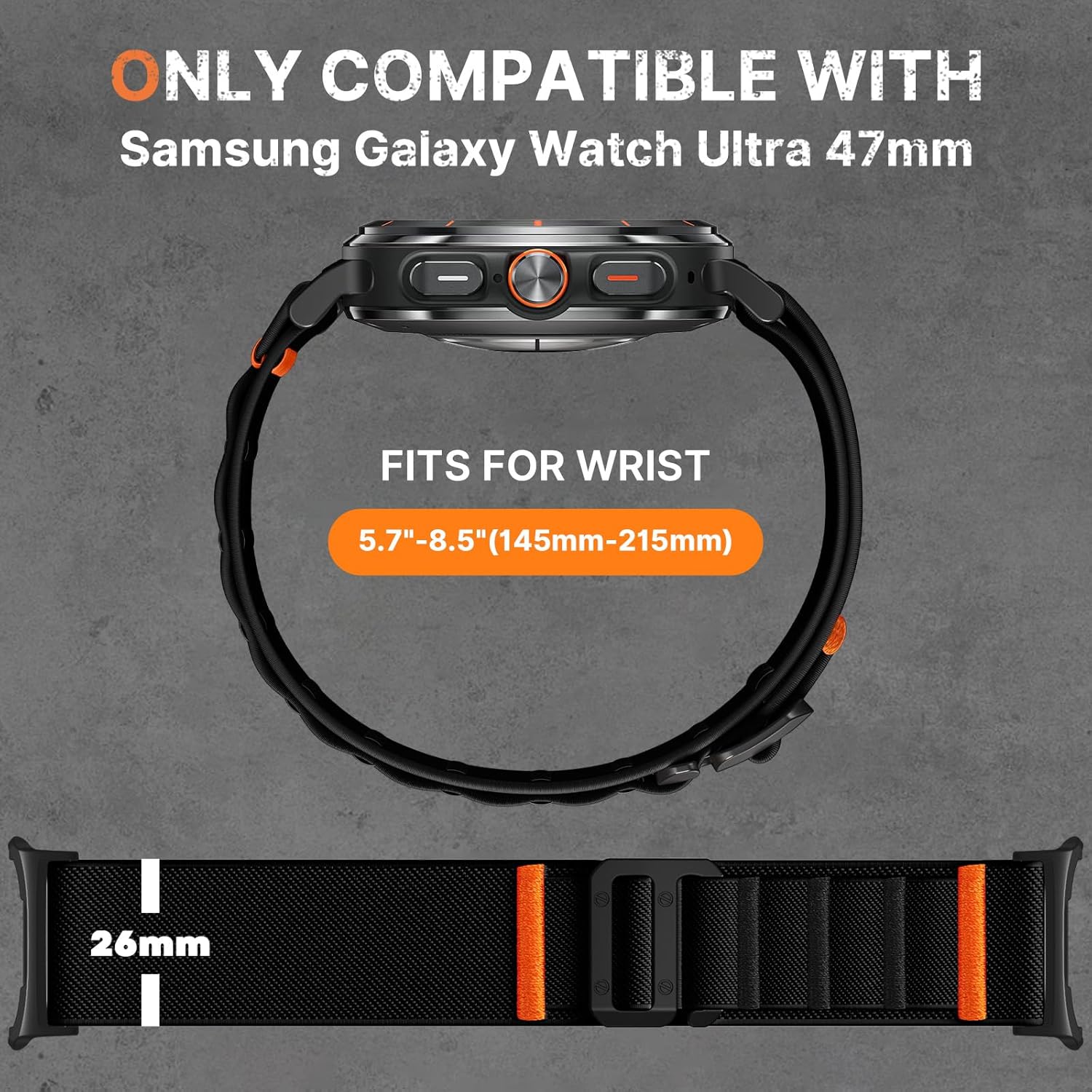 Bandletic Rugged Nylon Compatible with Galaxy Watch Ultra Bands 47mm 2025/2024 for Men, Stretchy Soft Wide Sport Loop Strap with G-Hook Compatible with Samsung Ultra Watch Band, Black Buckle-Black