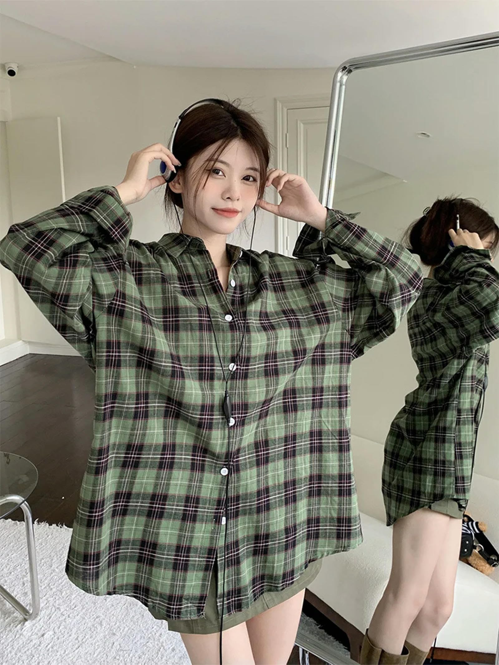 Camicia Ampia da Donna con Design Scozzese Classico retrò, Colletto rovesciato, Camicette da Donna a Maniche Lunghe, Primavera Estate, Vintage Oversize, Chic-Verde-M