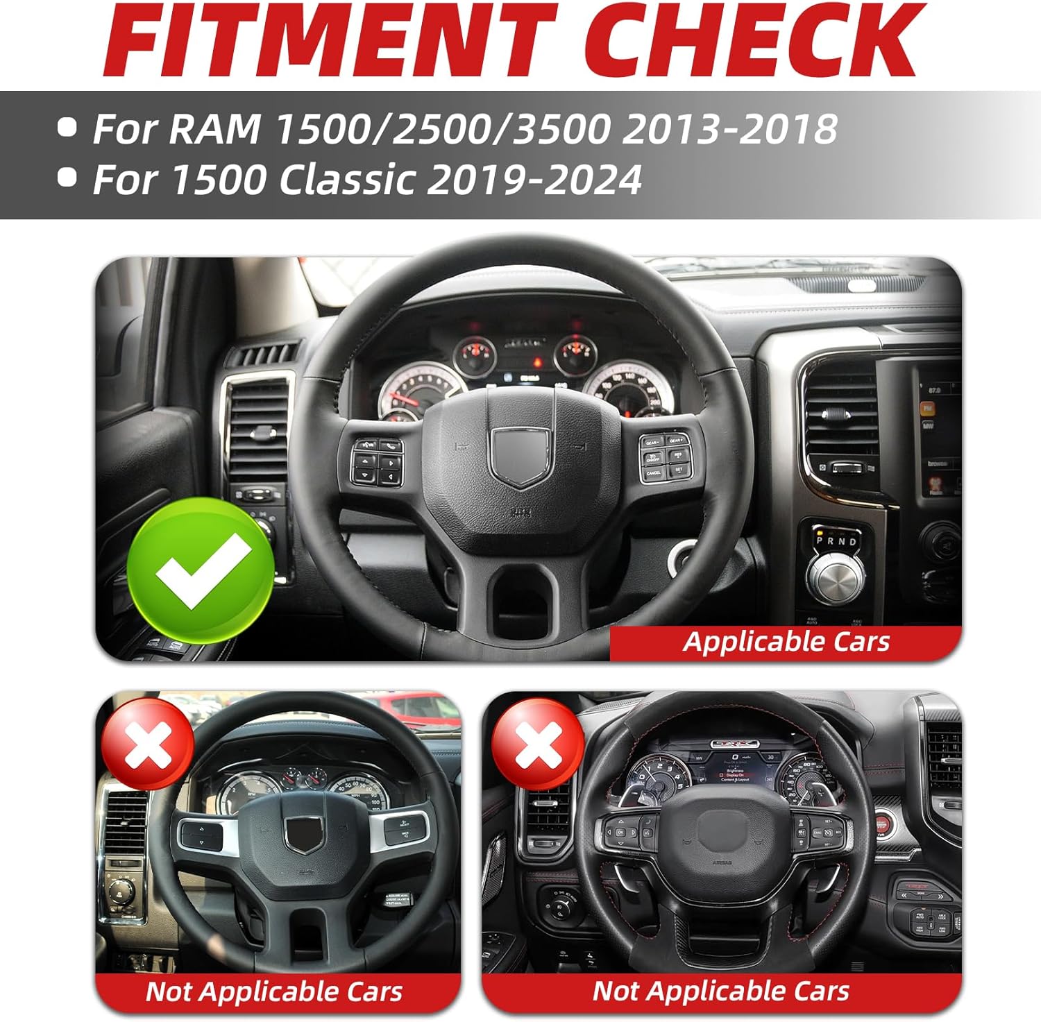 Piano Black Steering Wheel for Dodge Ram 1500 2500 3500 2013-2018, & 1500 Classic 2019-2024, Gloss Flat Bottom Perforated Leather, Stealth Black Stitching No Stripe, Non-Heated