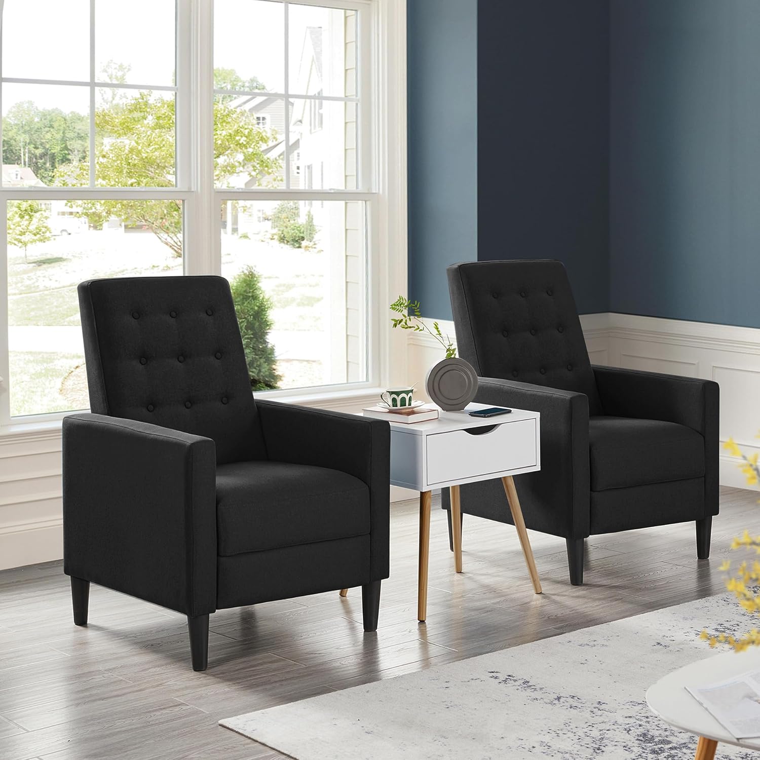 Yaheetech Fabric Recliner Chair Mid-Century Modern Recliner Adjustable Single Recliner Sofa with Thicker Seat Cushion Tufted Upholstered Sofa with Pocket Spring for Living Room Bedroom Black
