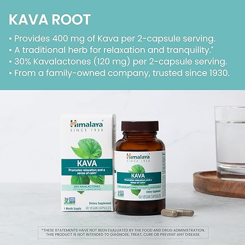 Miniatura 3 de Himalaya Kava, Suplemento de hierbas para relajación y calma, 30% kavalactonas, vegano, sin gluten, 400 mg de extracto de raíz de kava, 60 cápsulas