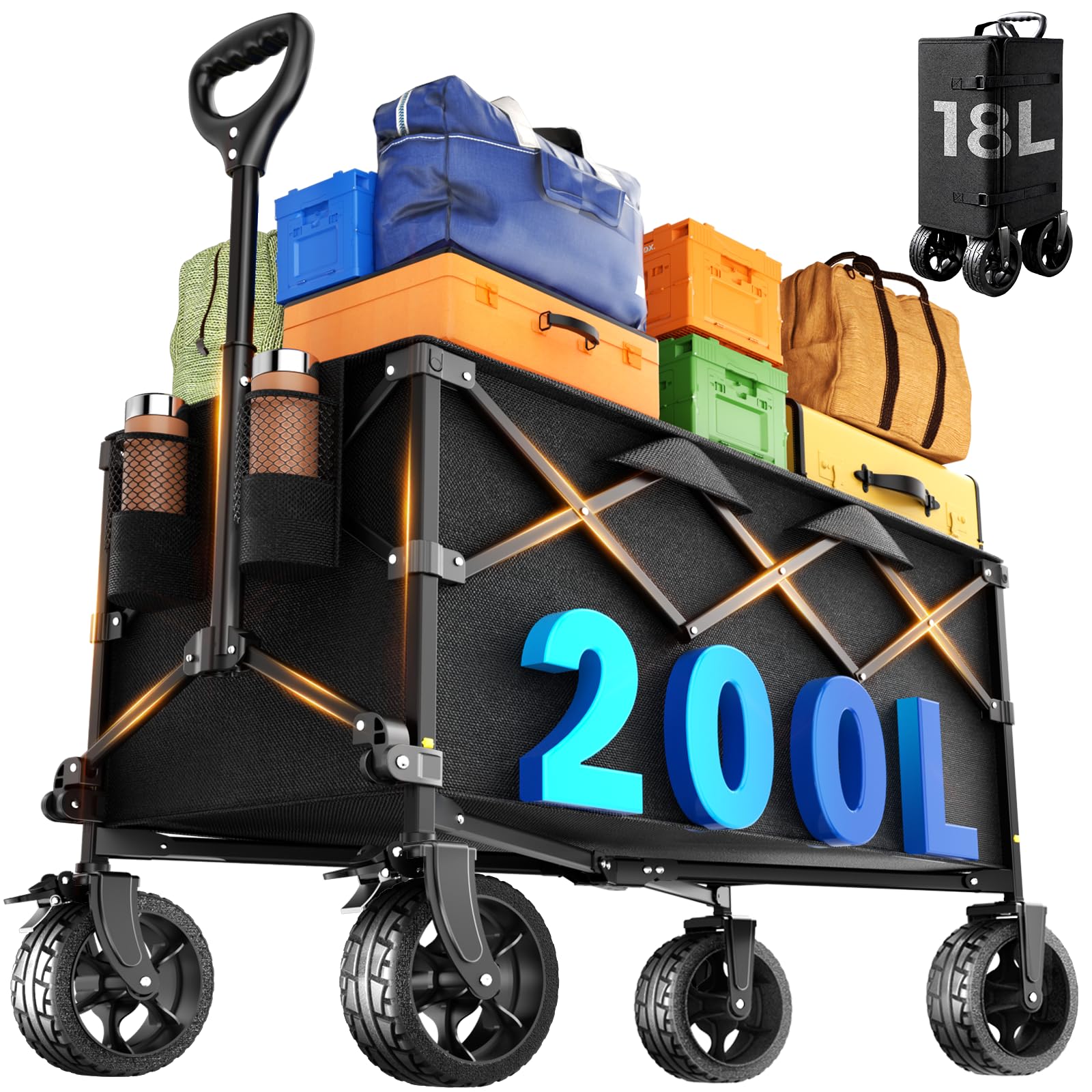 Heavy Duty Collapsible Wagon Cart, 200L Large Capacity Folding Beach Wagon (UJOYOK)