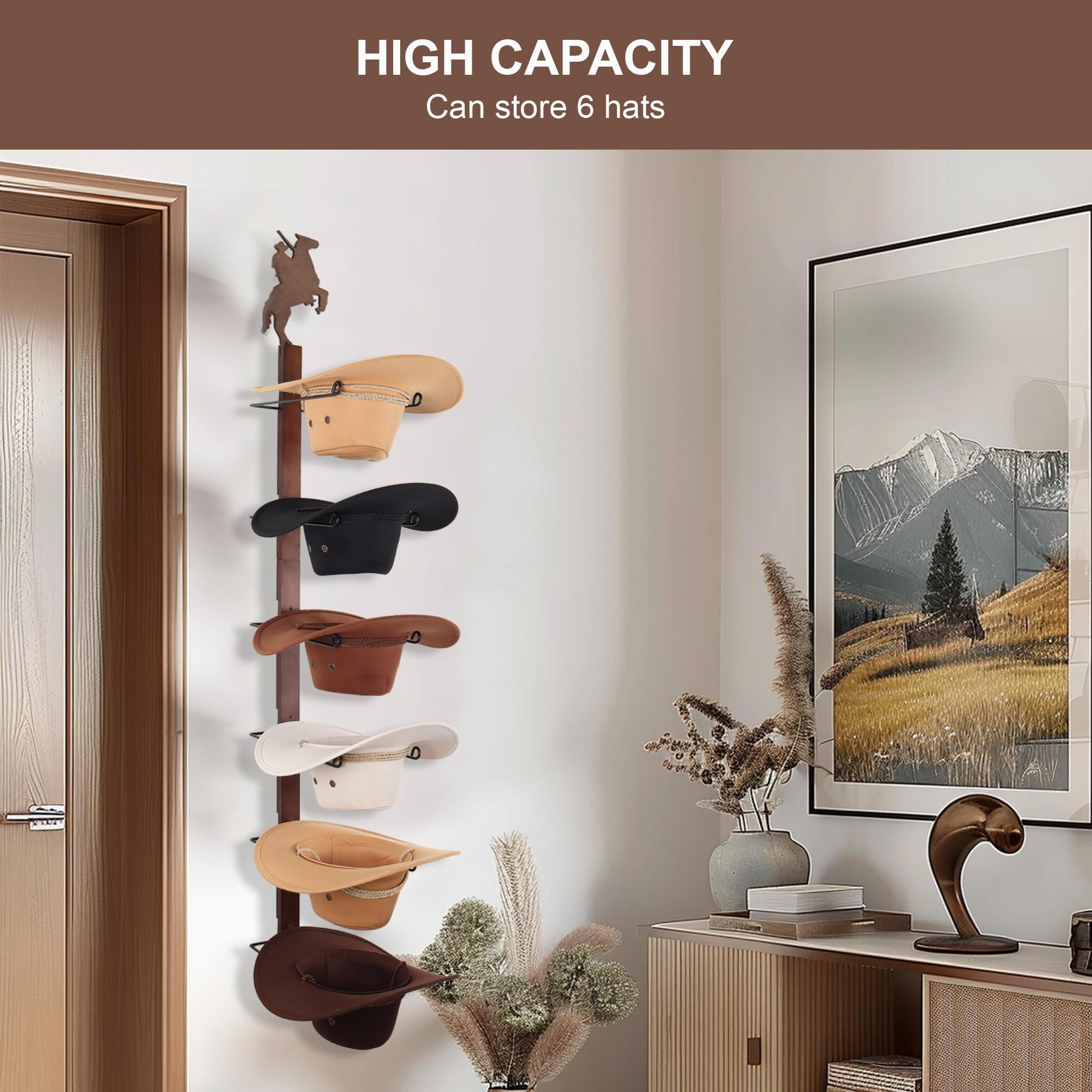 Soporte para sombreros de vaquero para pared: organizador de sombreros de madera rústica con 6 ganchos para sombreros para montaje en pared, soporte para sombreros de vaquero, soporte para