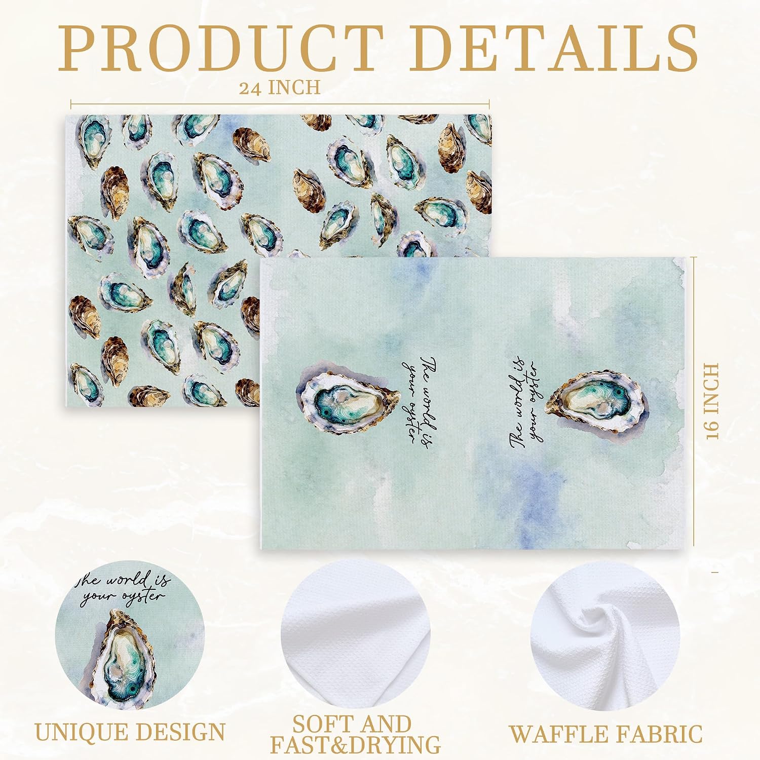 Green Oyster Kitchen Towels, Coastal Beach Bathroom Decor, the World is Your Oyster Inspirational Dish Tea Hand Towels for Kitchen Bathroom Decor, 16x24 Inch Set of 2