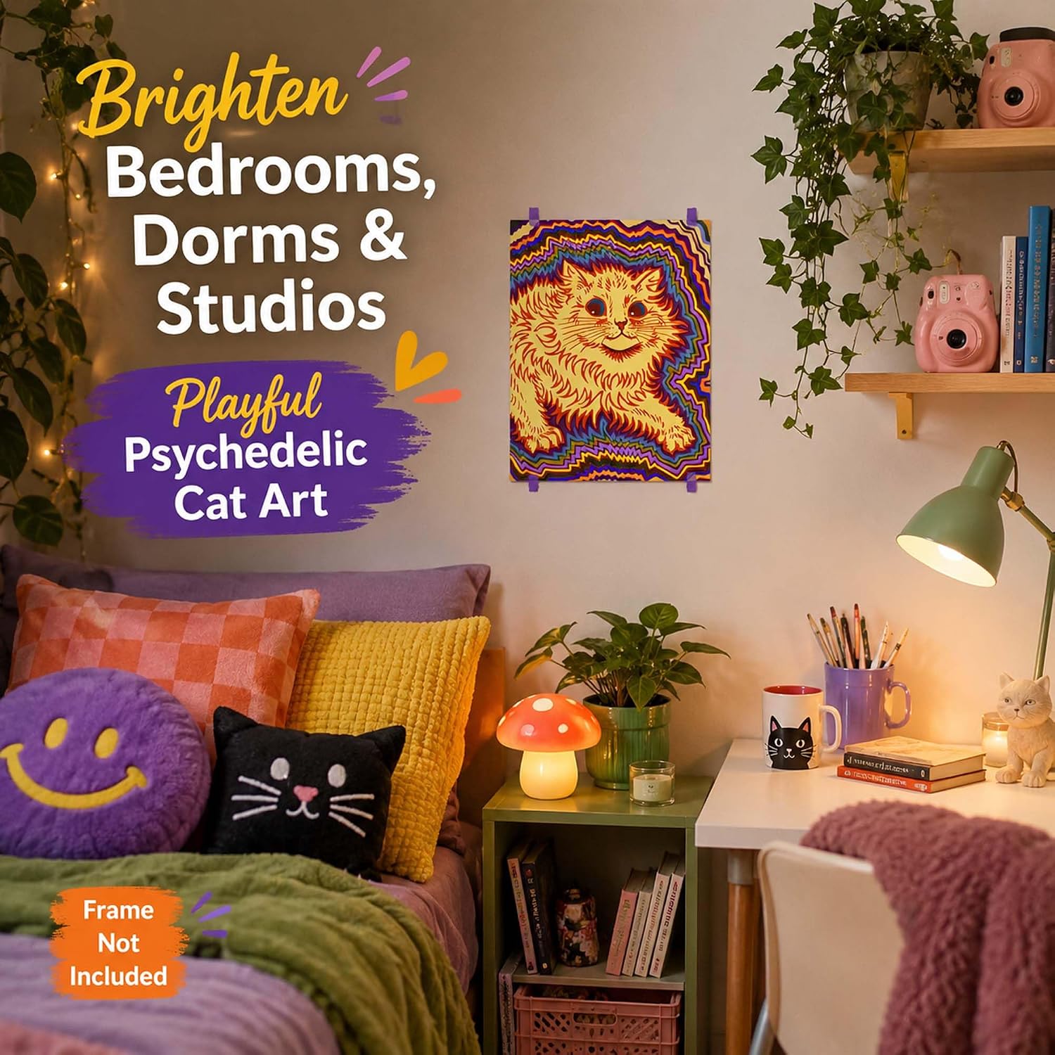 Psychedelic Cat Poster 11x14 Unframed Print Colorful Feline Wall Art Trippy Pet Illustration Retro Pop Surreal Decor Rainbow Kitten Artwork Dorm Room Teen Bedroom Gift image 3