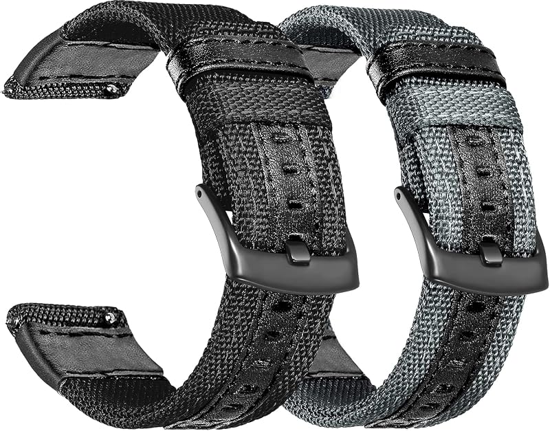 Compatible with Samsung Galaxy Watch 46mm Bands 2019/Galaxy Watch 3 45mm/Gear S3 Frontier Classic Band, 22mm Quick Release Nylon with Leather Sports Replacement Strap Wristband for Men Women, 2 Pack