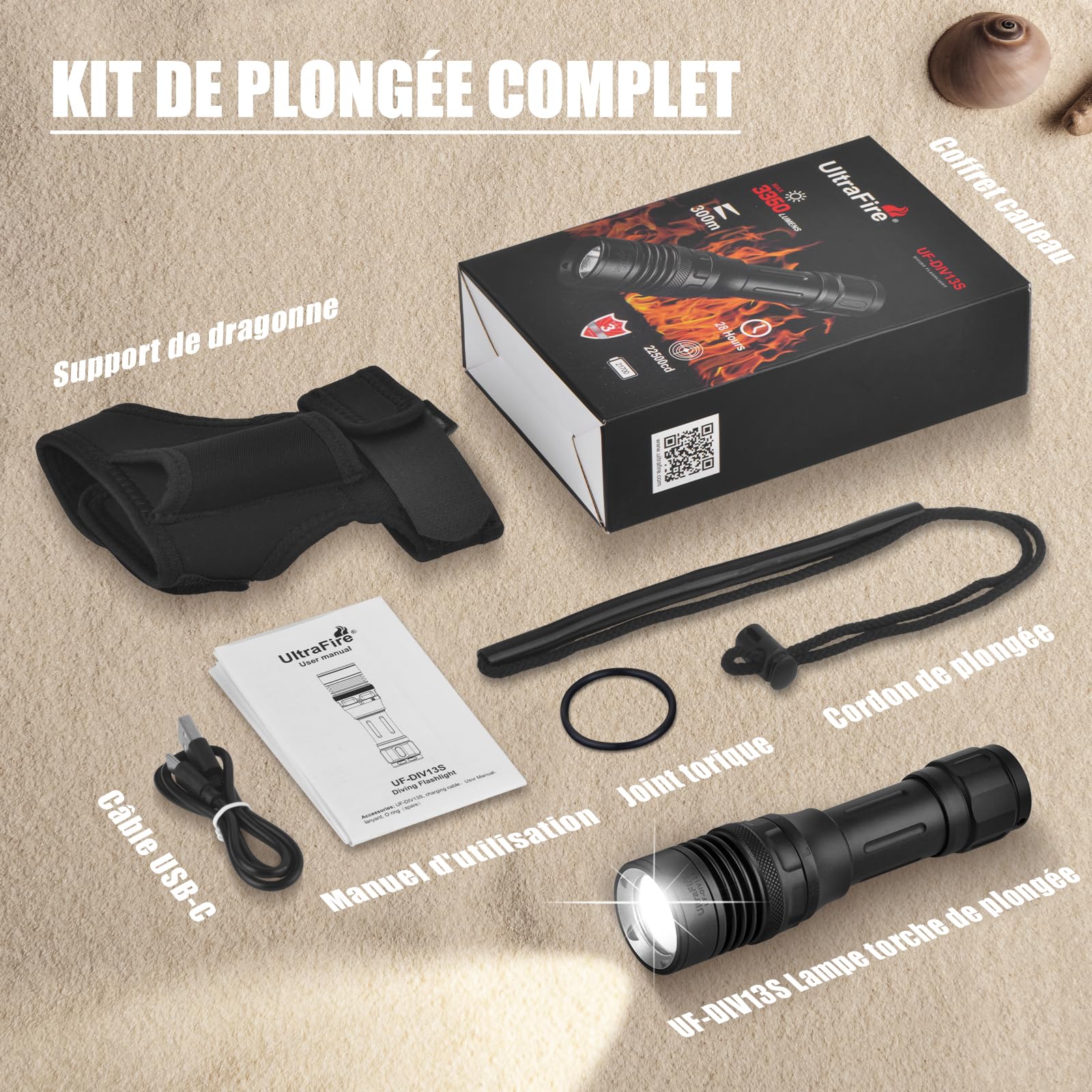 ULTRAFIRE UF-DIV13S Lampe torche de plongée rechargeable 3 350 lumens avec interrupteur rotatif magnétique, étanche IPX8 avec support de poignet