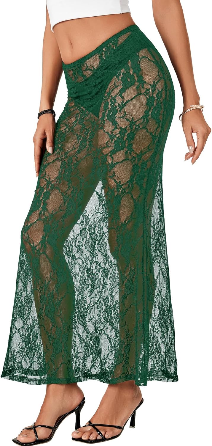 Rooscier Women's Lace Sheer Long Skirt High Waist A-line Summer Sexy Beach Maxi Skirts - Image 3
