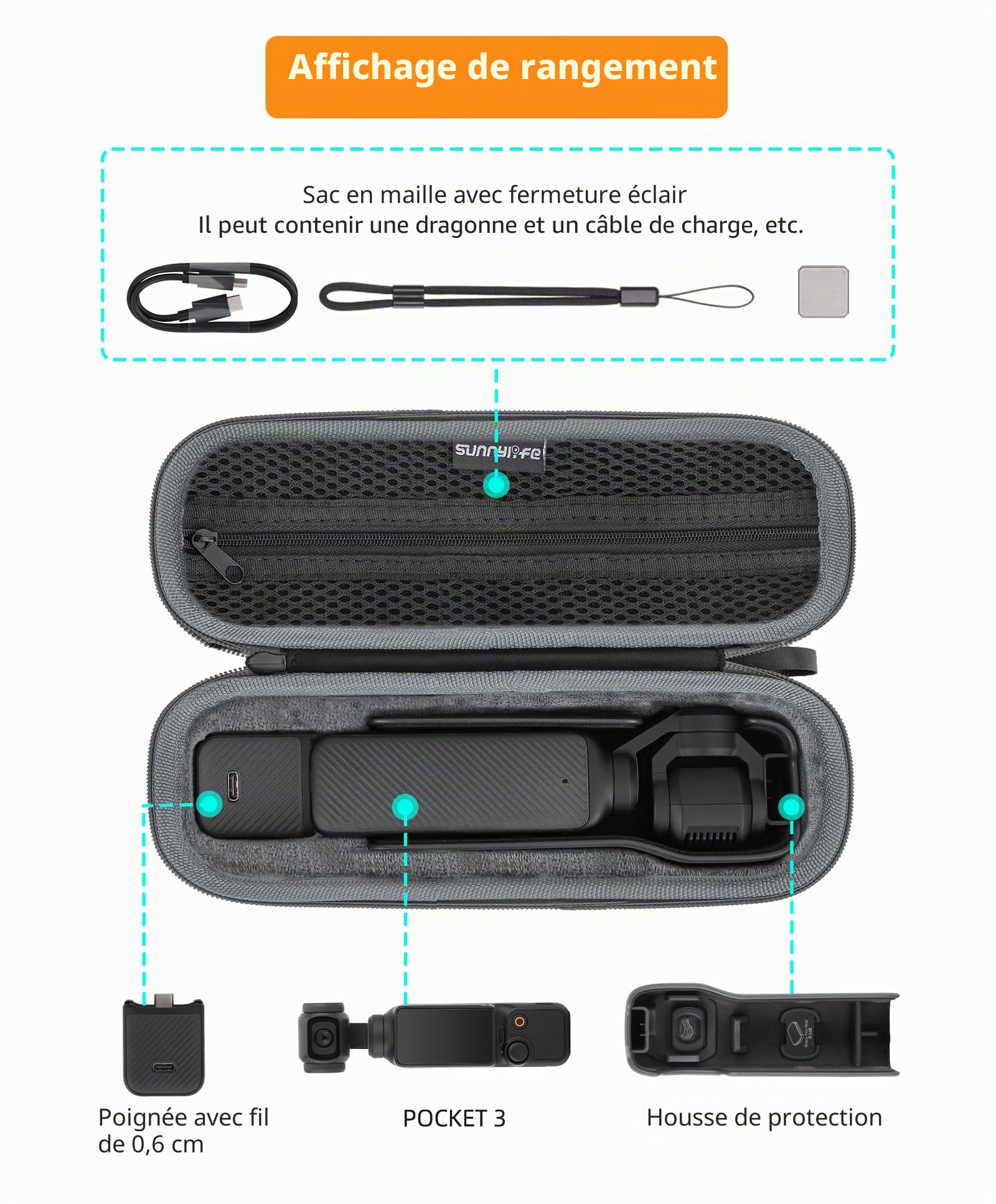 Etui de Transport, Sac de transport pour Osmo Pocket 3 et accessoires, sac de rangement Osmo Pocket 3, sac de rangement polyvalent, accessoires de boîte de protection Pocket 3, Noir