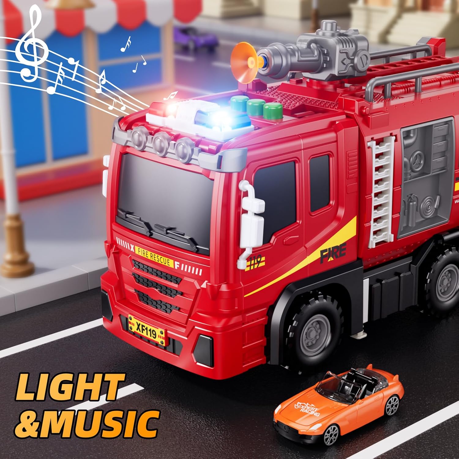 Fire Trucks Toy Set for Boys Age 3-5 4-7, Fire Car Truck for Toddlers 3 4 5 6 Years Old, Transport Truck Christmas Birthday Gifts Race Car Sets, Kids Toddlers Firetruck Toys with Light Sound Shooting