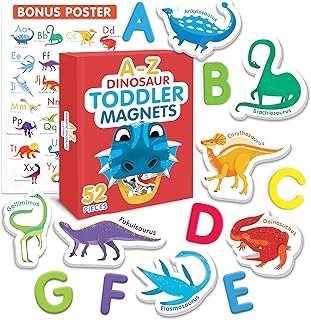 Curious Columbus - Dinosaur Magnets - 52 Fridge Magnets For Toddlers with Foam Magnetic Alphabet Letters For Toddler Learning - Toddler Magnets - ABC Learning For Toddlers Refrigerator Dinosaur Magnet