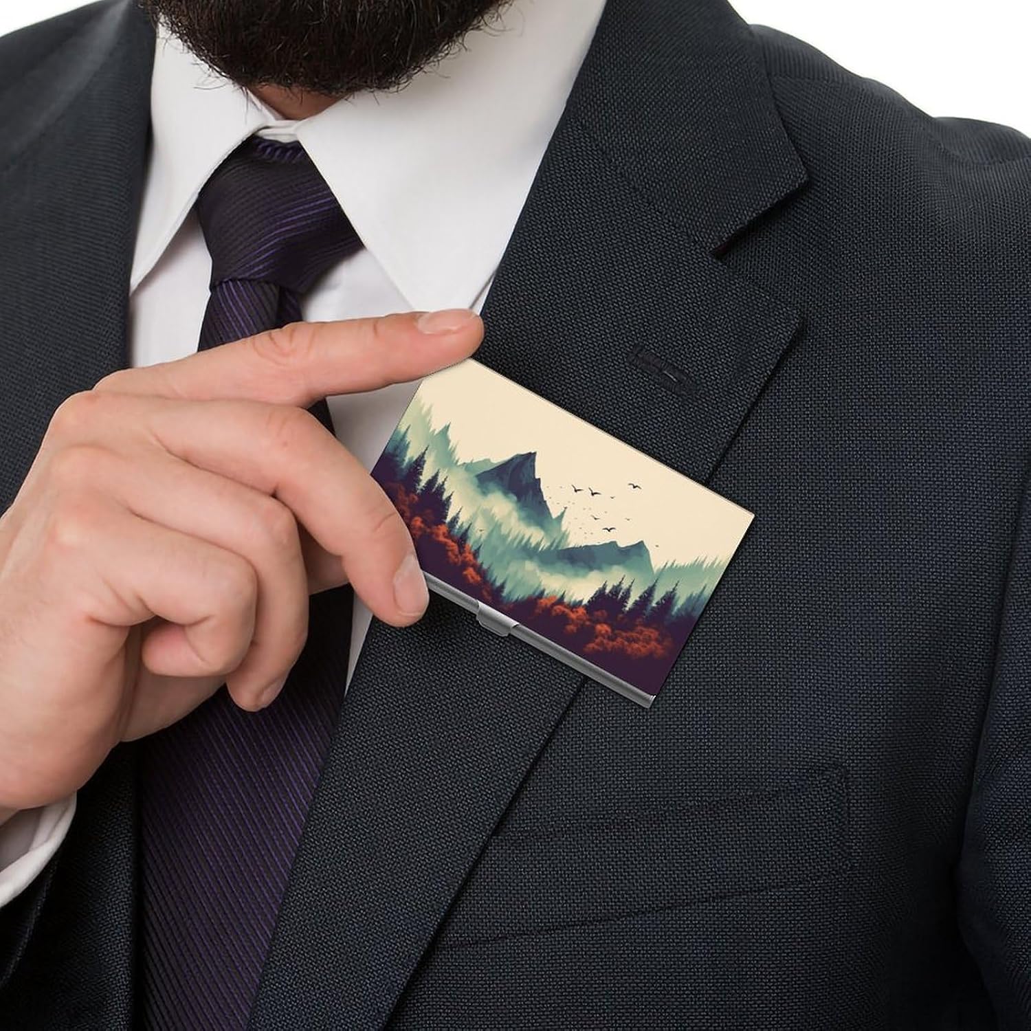 Landscape Mountain Business Card Case for Women Or Men Snaps Closed Portable Name Holder Credit Card Holder for Business Meeting Use