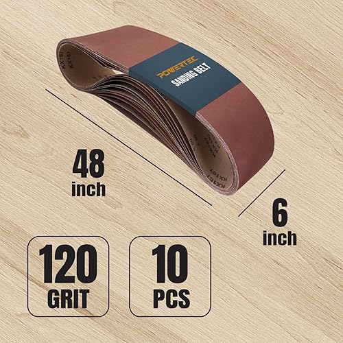 Miniatura 2 de POWERTEC Correas de lijado de 6 x 48 pulgadas, paquete de 10, banda de óxido de aluminio de grano 120 para lijadora de banda de banco, carpintería y