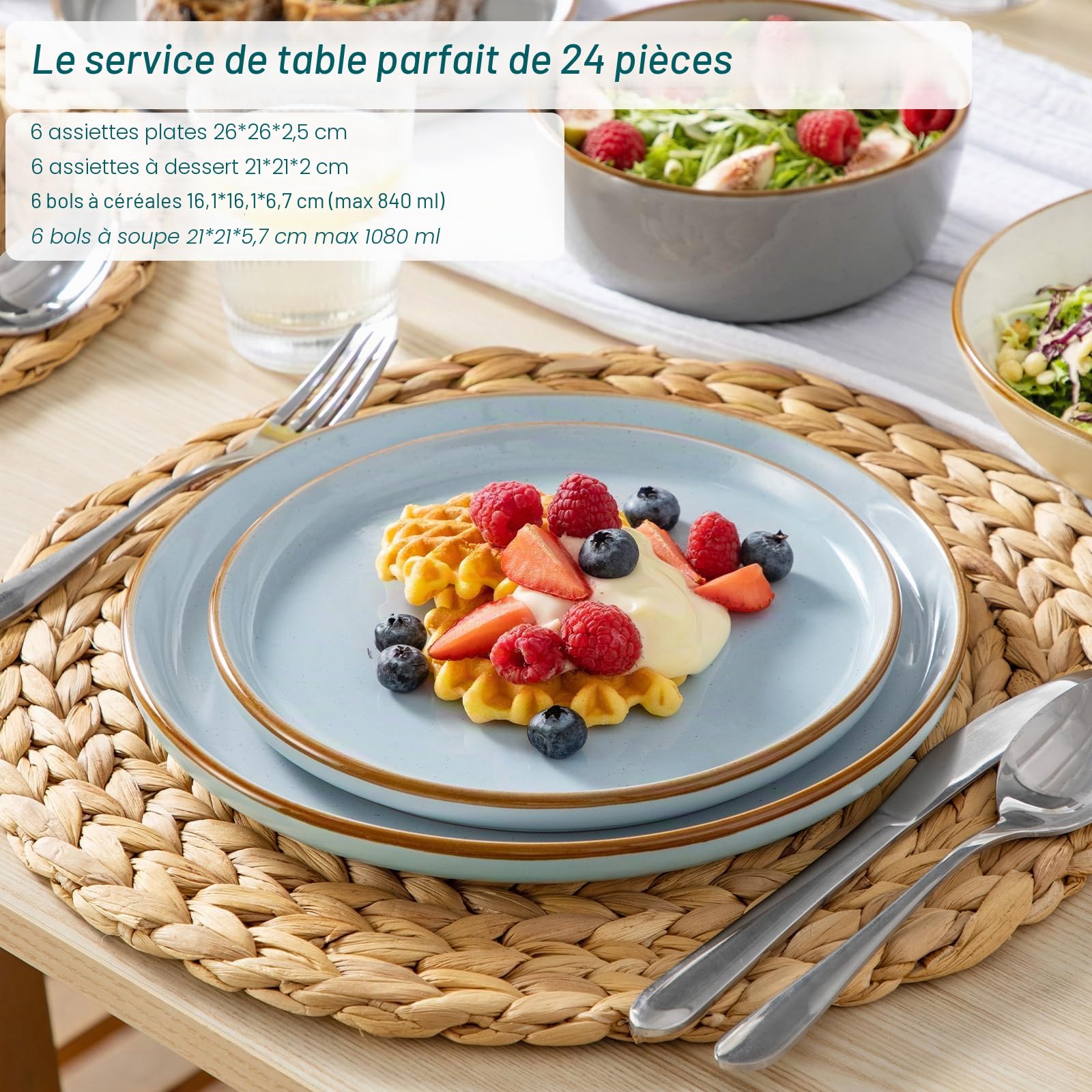 vancasso RENO Assittes Service de table en faïence pour 6 personnes, 24 pièces, Grès - Assiettes Plates, Dessert, Bols - Adapté au Micro, 3 Couleurs Bleu/Gris/Beige, 2 de chaque