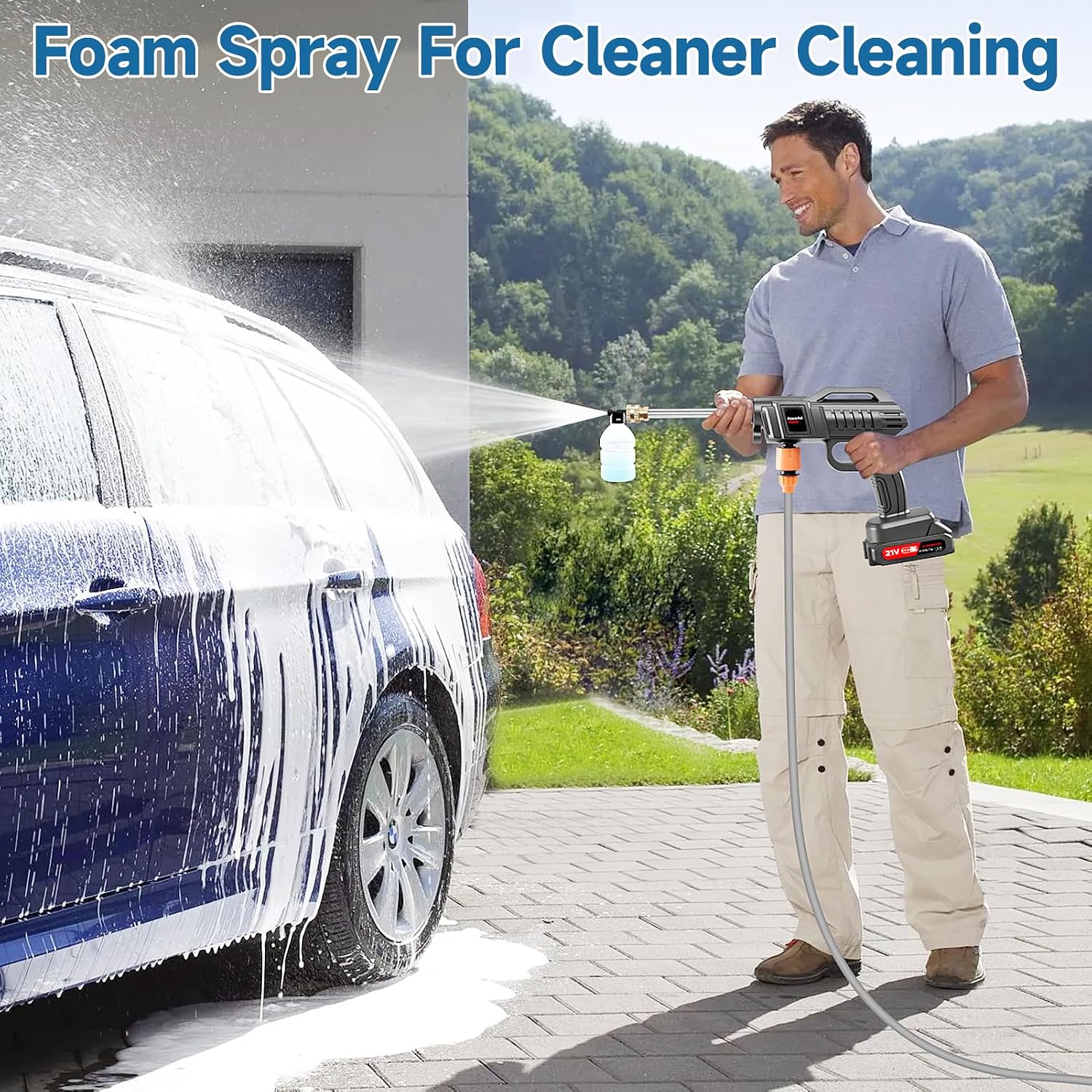 Cordless Pressure Washer Gun, 1500W Portable Battery Power Washer, 60Bar/870 PSI Electric Pressure Washer Handheld High Pressure washers with Nozzles, 2 Battery, 5m Hose Cordless Jet Washers