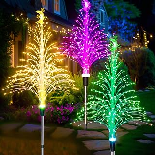 Solar Christmas Tree Pathway Lights-Outdoor Garden Waterproof 7 Color Changing 3Pcs Fiber Optic Jellyfish Lighting Decor for Garden Lawn Patio