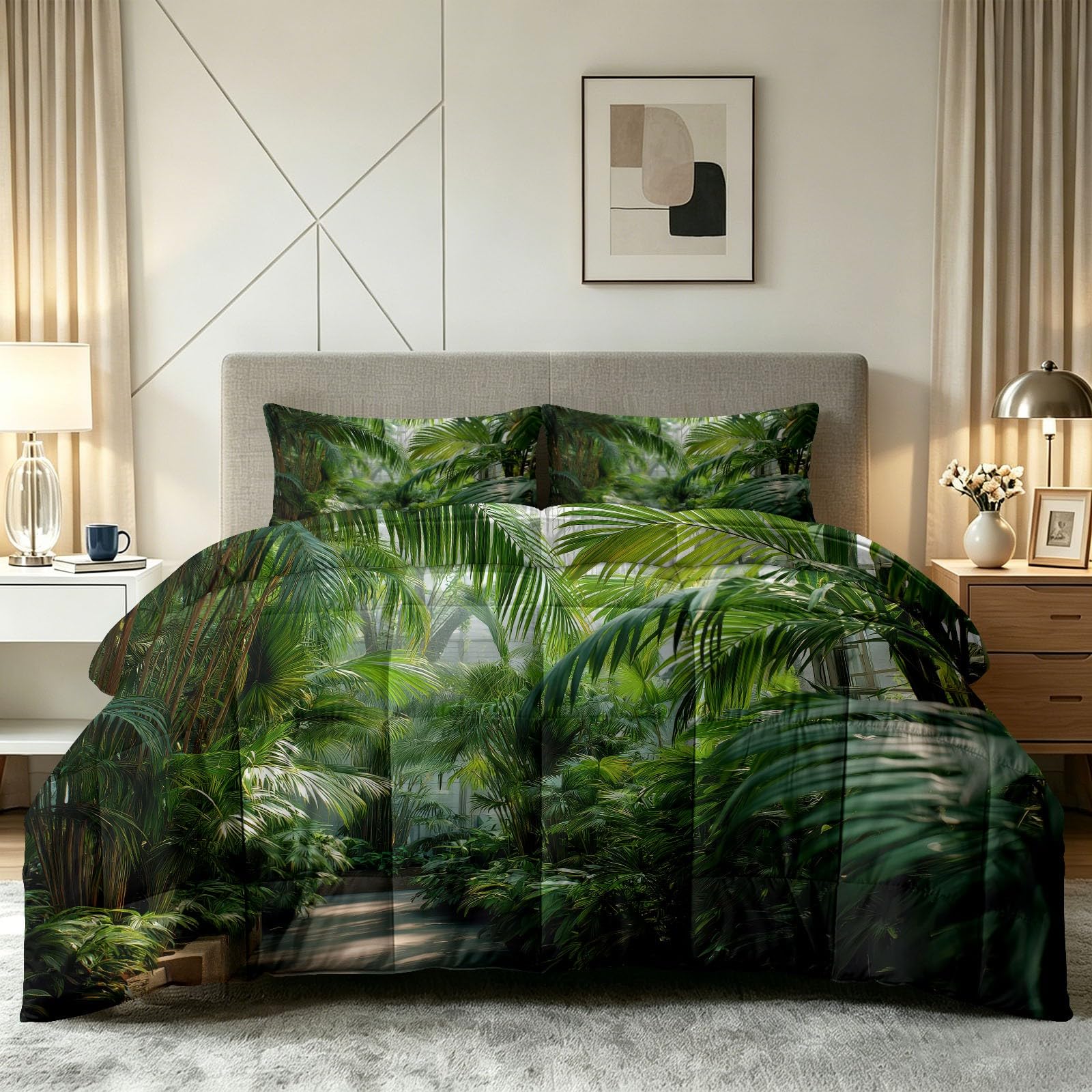 Edredón de 4 estaciones 220x240 cm con estampado botánico de palmeras y 2 fundas