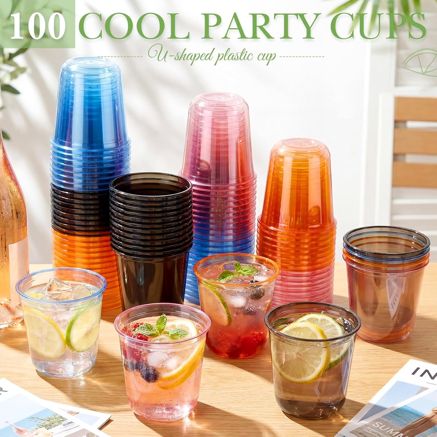 100 Pcs 12oz U Shaped Plastic Cups Clear Disposable Stemless Glasses Drinking Cup Reusable Cups Multicolor Plastic Wine Drinkware for Weddings Birthdays Cocktail BBQs Party