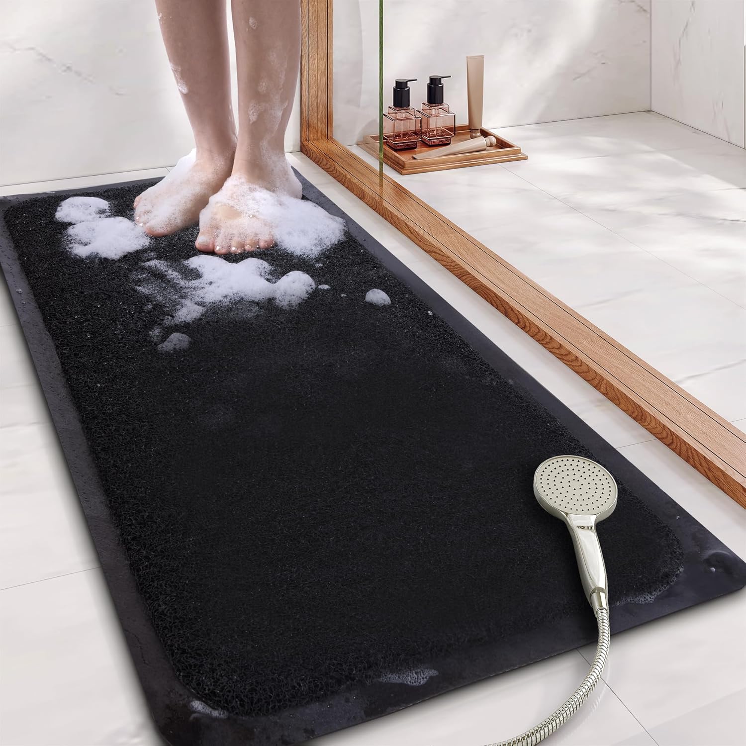 Mecko Non Slip Shower Mats, 16x40 Inch, Anti-Slip Bathtub Mats with Suction Cups for Bathroom, Foot Scrubber Loofah Bath Mats for Shower, Quick Drying Shower Stall Mats for Wet Areas (Black)