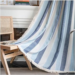 Gualiy Living Room Thin Curtains, Window Treatment Drapes 2 Panels Country Style Contrast Stripes Window Curtains Blackout 52 inch Width Blue Thermal Curtains 36 inch Length