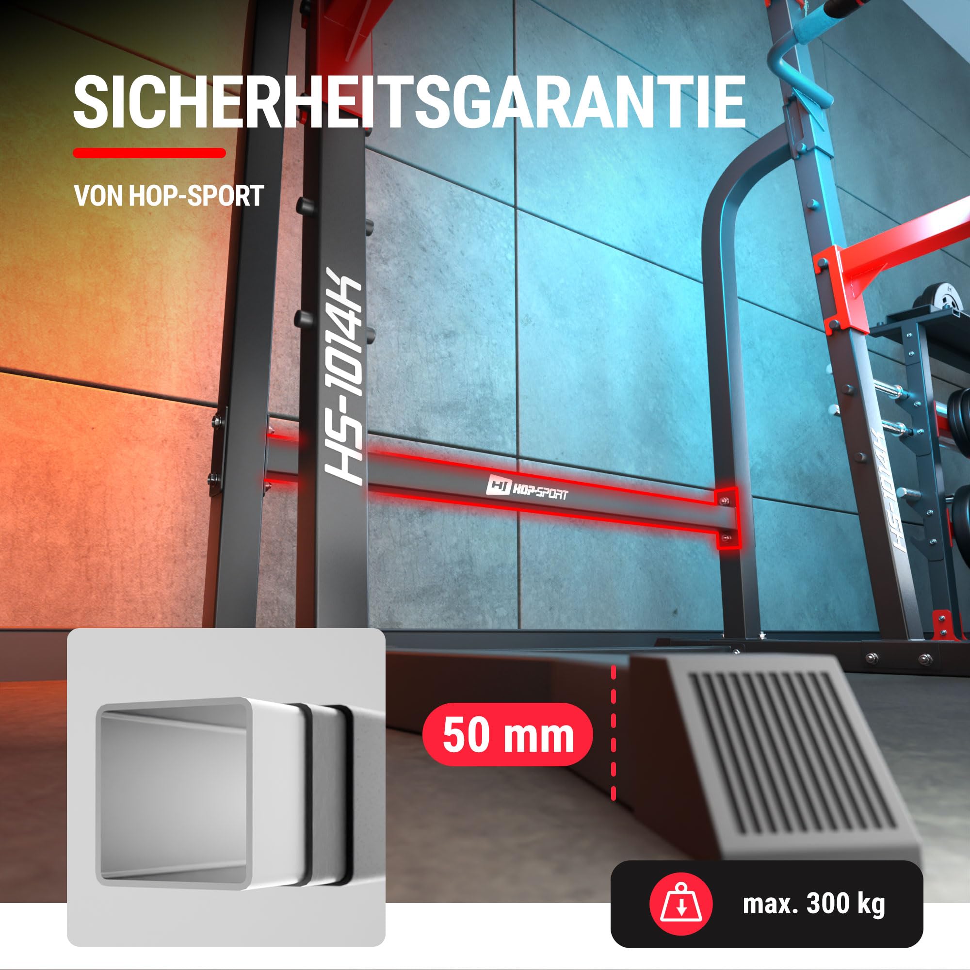 HOP SPORT Kraftturm mit Squat Rack, Kniebeugenständer, Push-Up-Griffen, Dip-Station und Klimmzugstange - robuste Stahlkonstruktion bis 300 kg