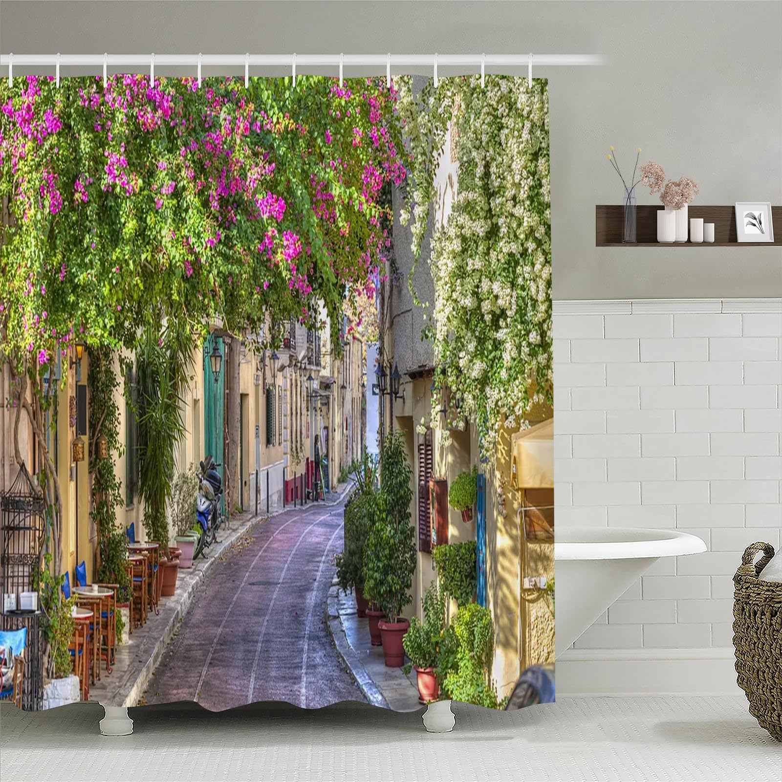 Simpomsy Garden Shower Curtain 3D Garden View Flowers Trees Outdoor Nature Scenery Waterproof Cloth Fabric Bathroom Decor Set with Hooks 200x180cm