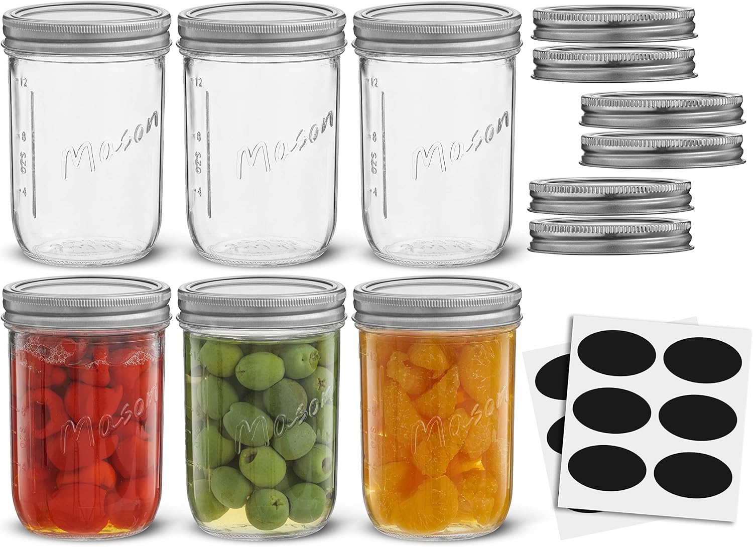 16 Oz Mason Jars With Lids, Labels and Measures! 6Pack Wide Mouth