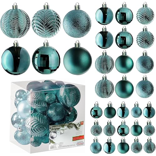 Prextex 36-Pieces Christmas Ornaments Set - Shatterproof, Festive Olive Green Christmas Tree Balls Decorations in 3 Sizes and 6 Styles with Hanging Loops for Tree, Wreath, Dazzling Holiday Party Decor