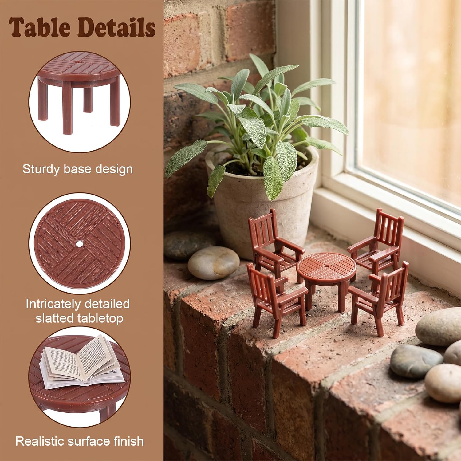 Miniature Dollhouse Furniture Set, 20Pcs 1:50 Scale Plastic Table and Chairs for Fairy Garden DIY Scene, Tiny Dining Room Decor for Adults, Brown image 5