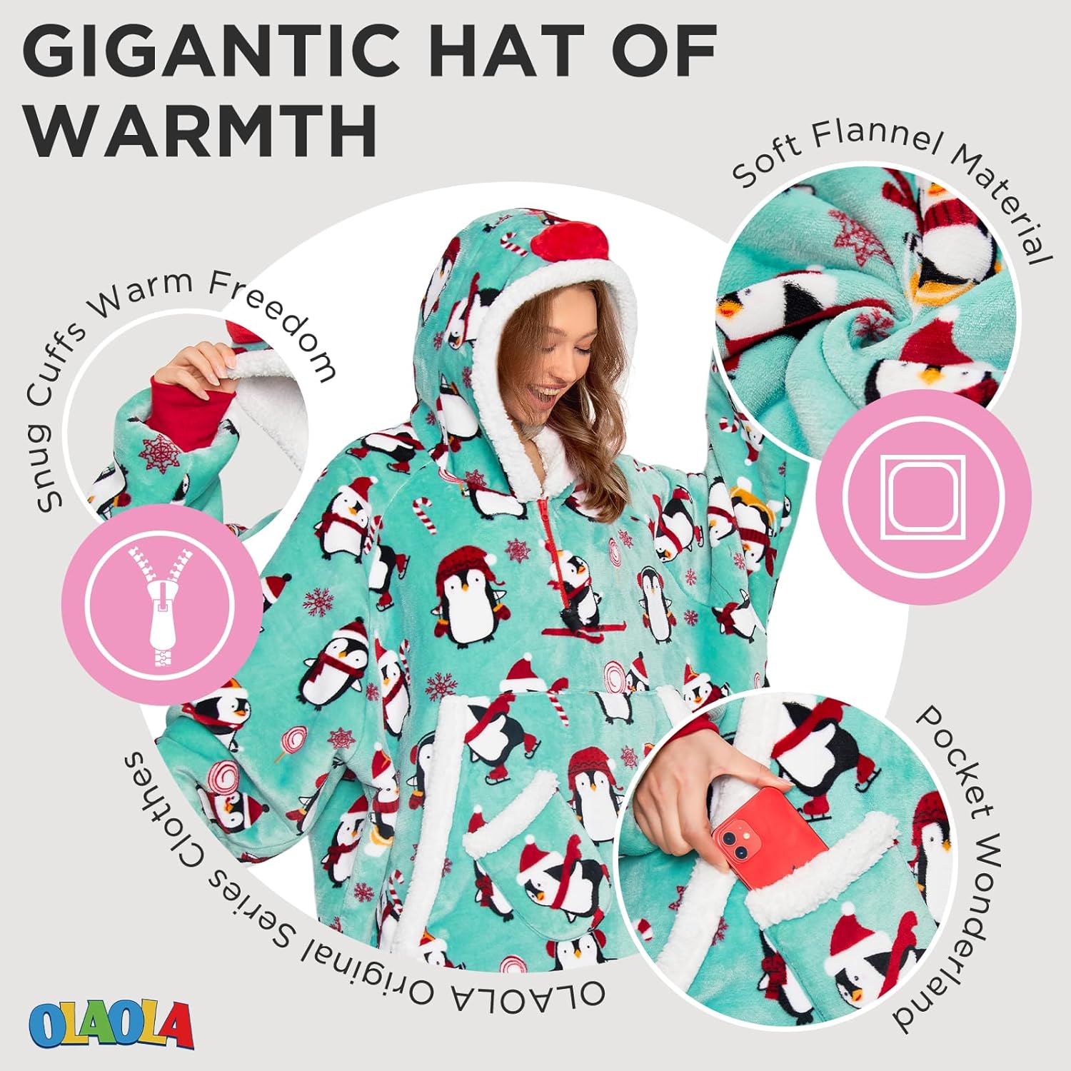 OLAOLA Wearable Blanket Hoodie for Adults, Oversized Fluffy Hooded Blanket Thick Sweatshirt with Pockets - Image 2