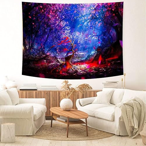 Miniatura 5 de Delur Tapiz de bosque de fantasía, árbol de la vida, paisaje natural, tapiz para colgar en la pared, tapiz de cuento de hadas, tapiz psicodélico