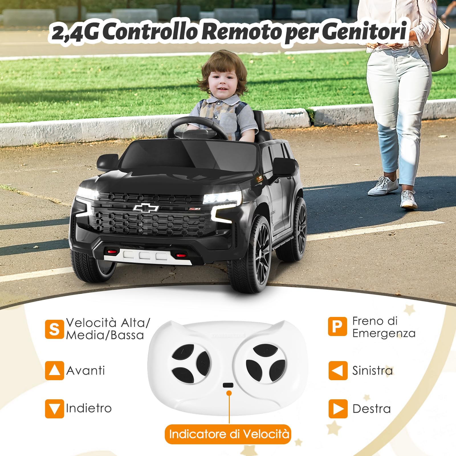 COSTWAY 12V Macchina Elettrica per Bambini Chevrolet, SUV Elettrica con Telecomando Luci Luminose e Musica, 3-3,5 km/h, Ideale per Bambini di 3-6 Anni (Nero)