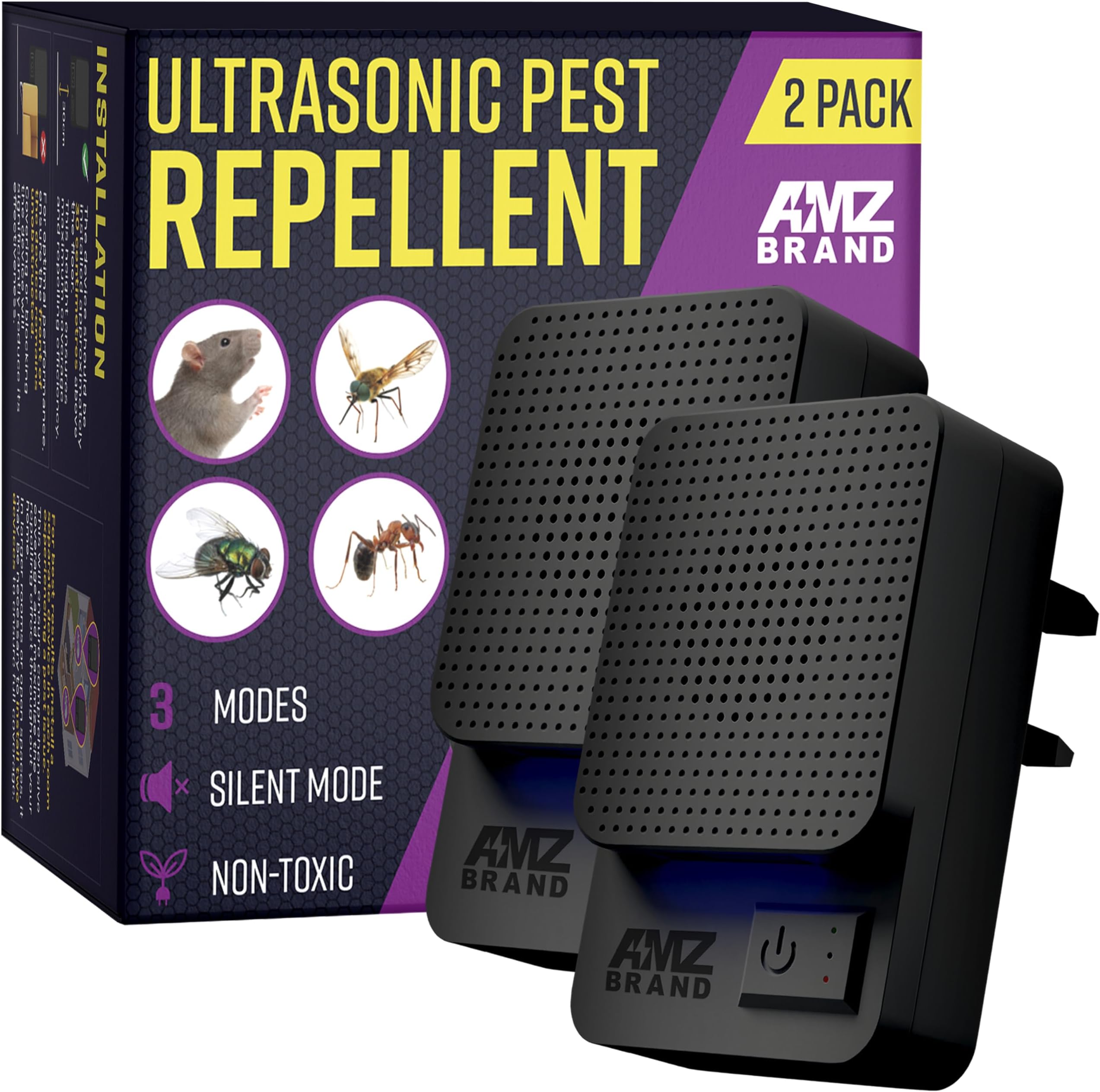 Ultrasonic Pest Repeller - 2 Pack | Powerful Rat & Mouse Repellent | 3 Strength Modes | Humane, Wide Frequency Range Pest Control Device | Repel Rodent, Mosquito, Insect, Cockroach, Fly, Ant