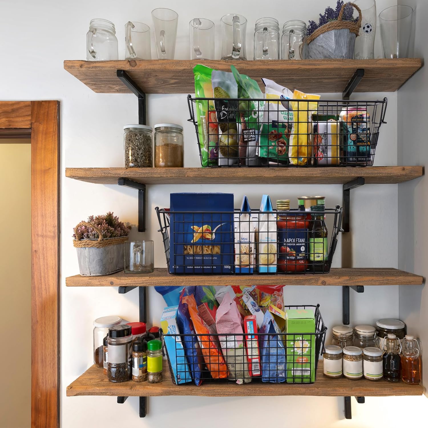 4 Pack [ XL Large ] STACKABLE Wire Baskets for Organizing - Pantry Storage and Organization Metal Bins for Produce, Food, Fruit - Kitchen Bathroom Closet Cabinet, Countertop, Under Sink Organizer