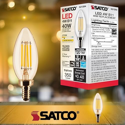 Miniatura 5 de Satco Lámpara LED, S21264 4B11LED927CL120VE12, bombilla B11 de 4 W, transparente base de candelabro 90 CRI 2700 K 120 voltios para candelabros,