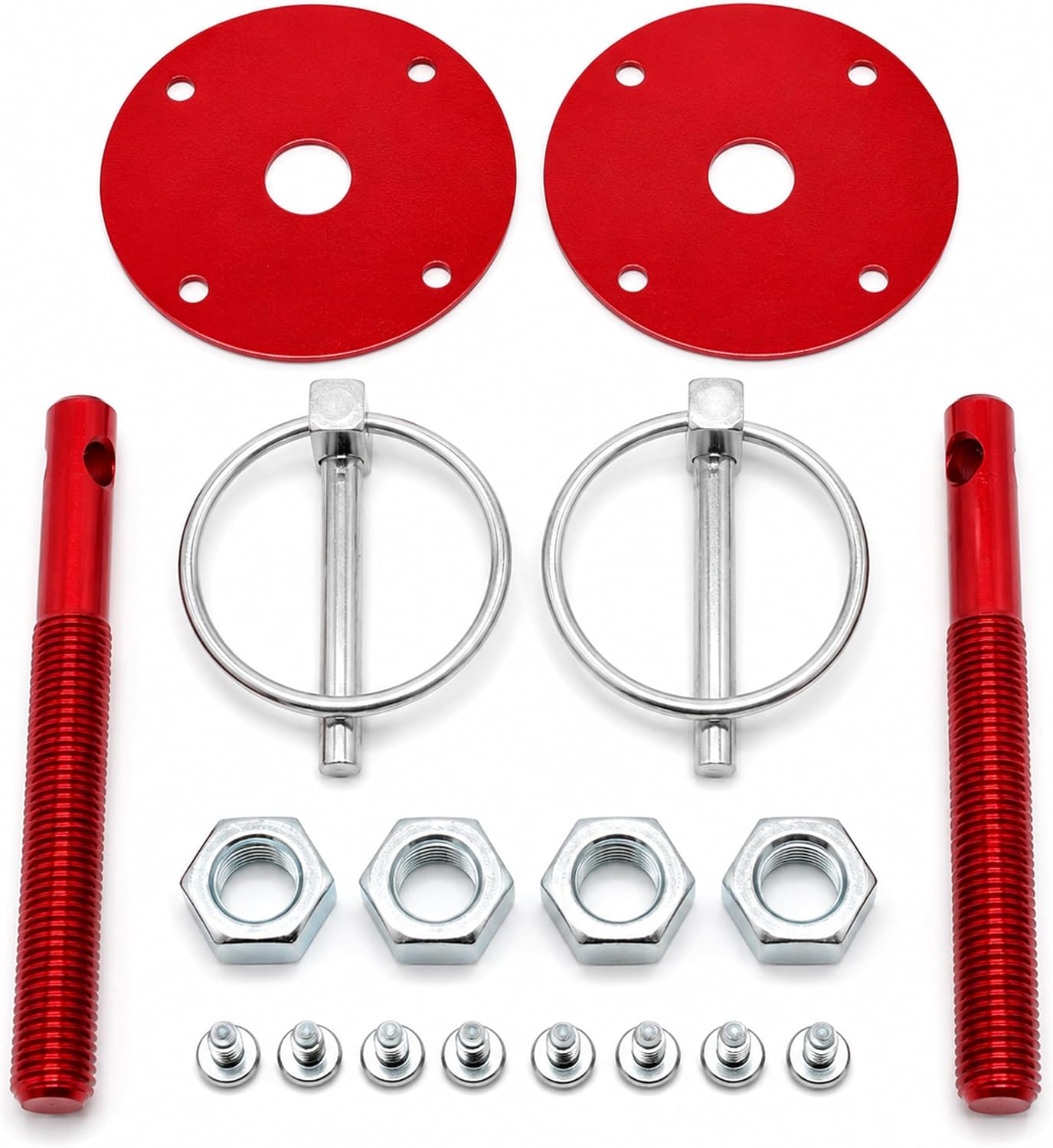 Universal Hood Pin Kit Chrome Steel Hood Pin Lock Clip with Racing Lanyard Flip Over Style Clips fits for Chevy Ford Mopar Sports