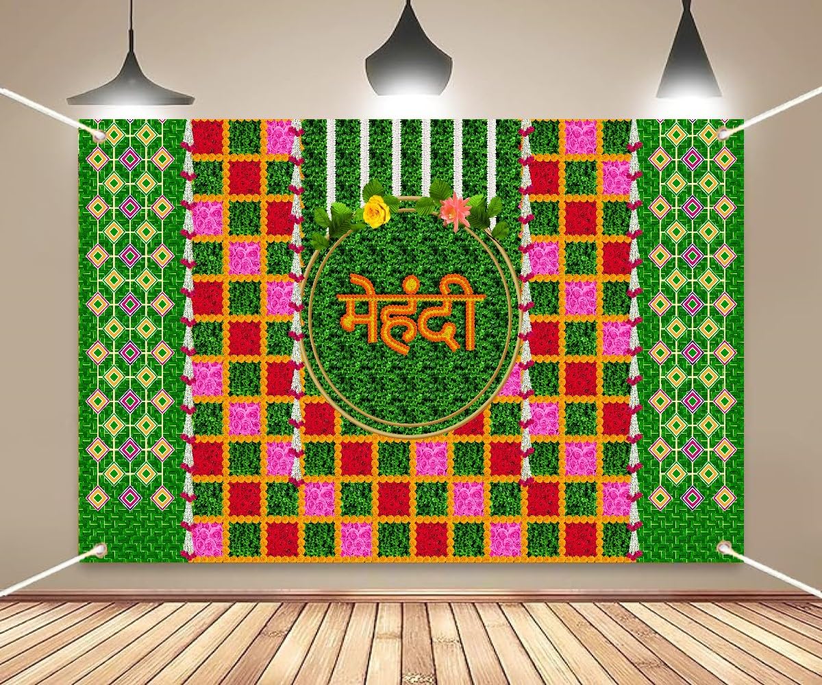 Wedding Decorative Cloth for Haldi & Mehndi Ceremony, Photoshoot, Haldi Background Enhancer for Mehndi Ceremony (8x5 ft, 3D Printed Backdrop with Floral & Logo Design) (Green & RED)-picture-16