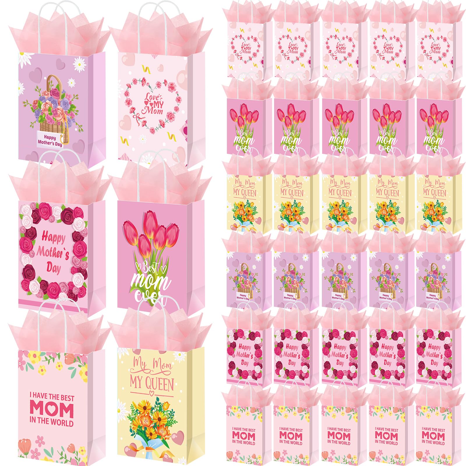 Photo 1 of Kolldenn 48 Pcs Mother's Day Paper Bags with Handles Pink Floral Gift Party Favor Bags with Tissue Paper for Nana, Best Mom Grandma, New Mothers Family Wrapping Decorations Supplies
