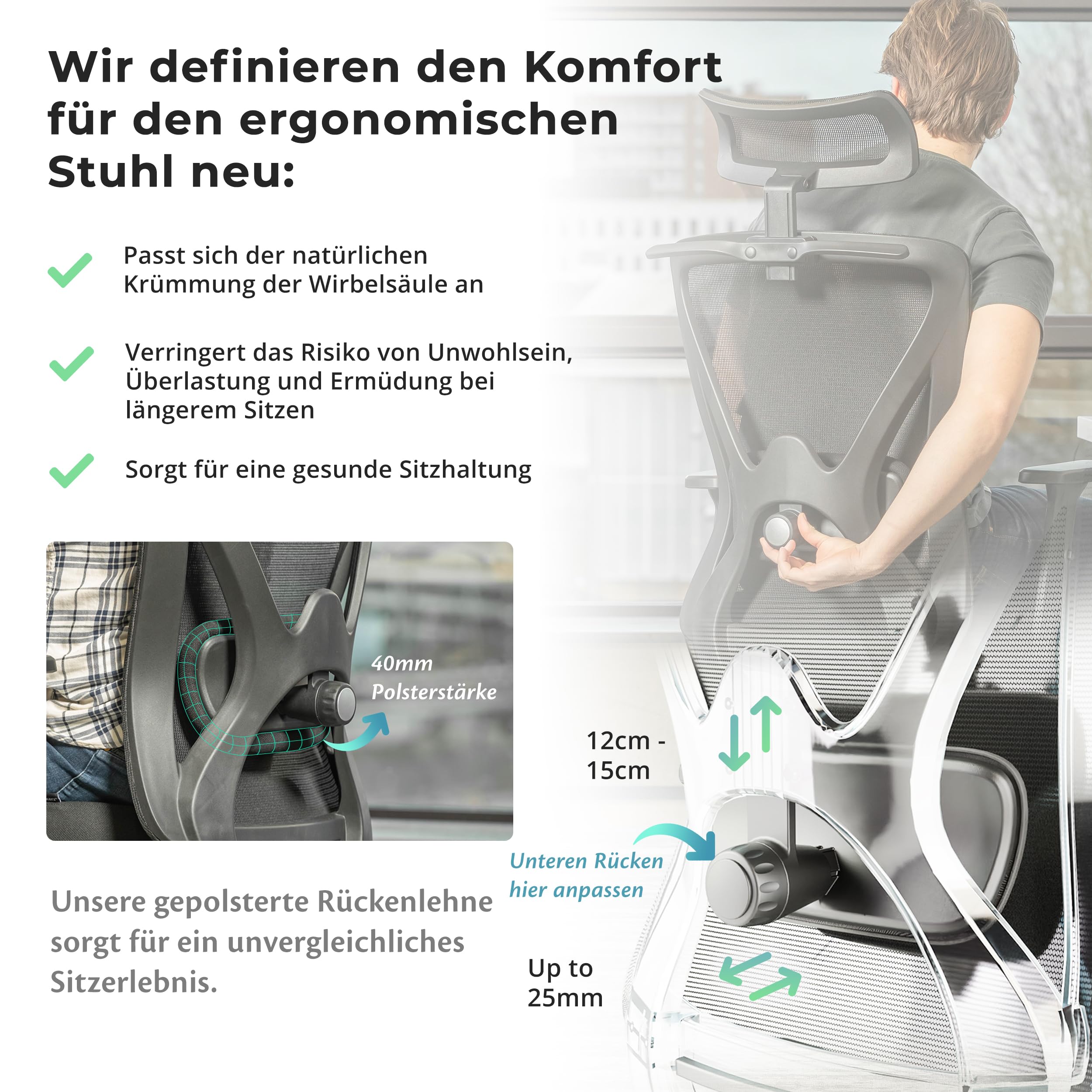 Backerz Bürostuhl Ergonomisch - Bürostühle 150kg, TUV & NEN 1335 Zertifiziert - Office Schreibtischstuhl - Chair - Ergonomischer Bürostuhl – Computerstuhl Höhenverstellbar & Rückenschonend – Schwarz