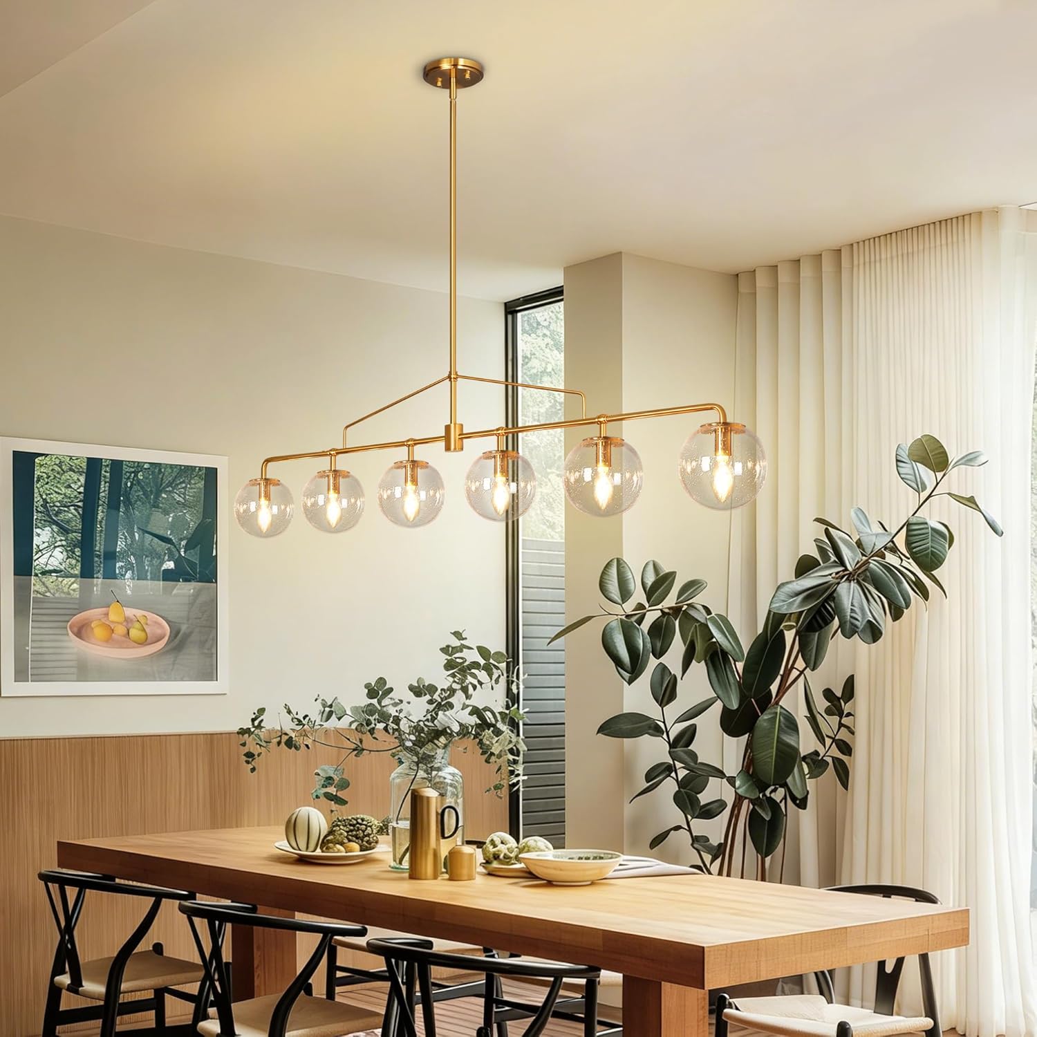 Gold Linear Chandelier 6 Lights Mid Century Modern Dining Room Chandelier Kitchen Island Pendant Light with Seeded Glass Shades for Island, Farmhouse, Dining Area, Dia 51.58 Inch