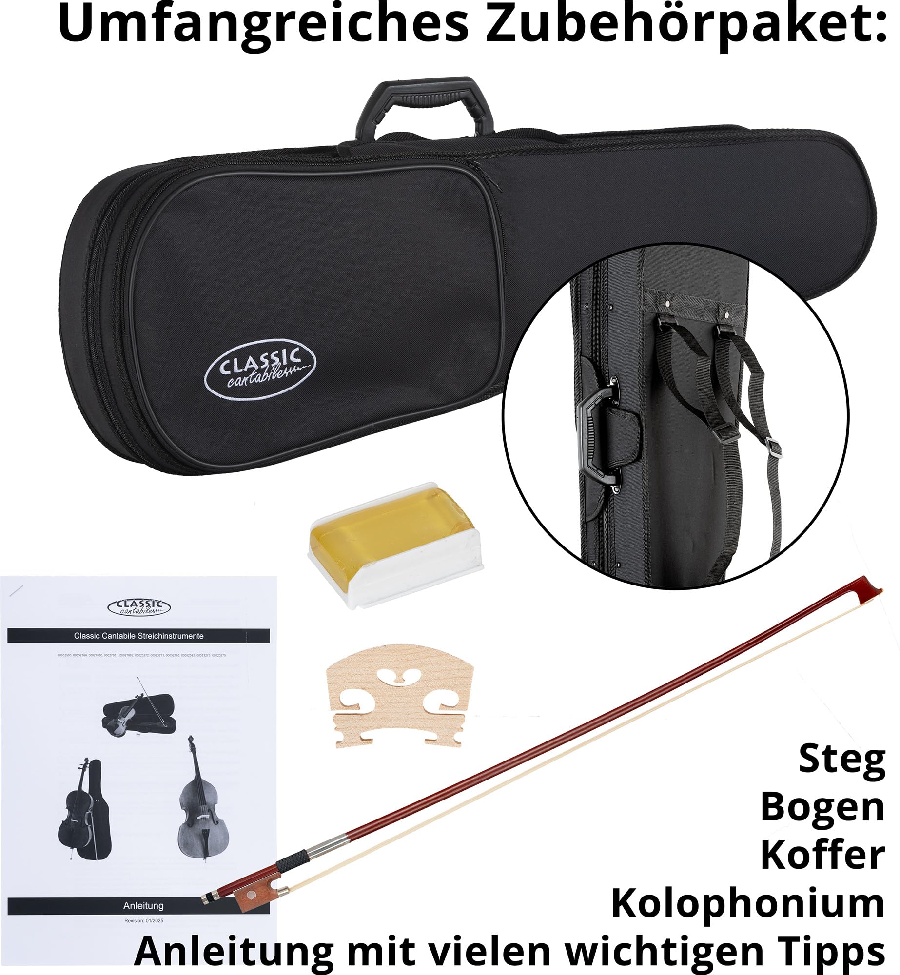 Classic Cantabile Student Violinenset 1/2 (Einsteiger/Schülerinstrument, Geige, Boden & Zargen aus Ahorn, Massive Fichtenholz Decke, Ahorn Steg, Inkl. Etui, Bogen und Kolofonium)