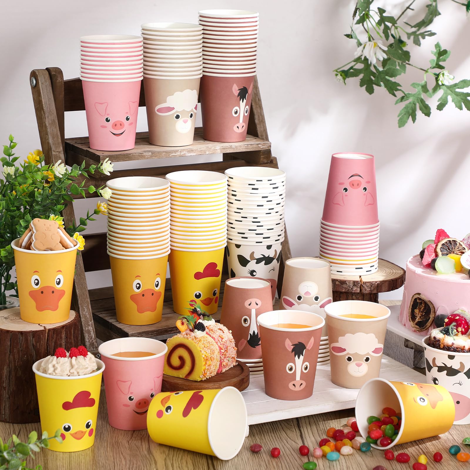 Maxcheck Confezione da 120 bicchieri di carta usa e getta da 255 ml, motivo: animali della fattoria, carini, maiali, pecore, pollo, anatra, cavallo, mucca, per bambini, feste di compleanno,