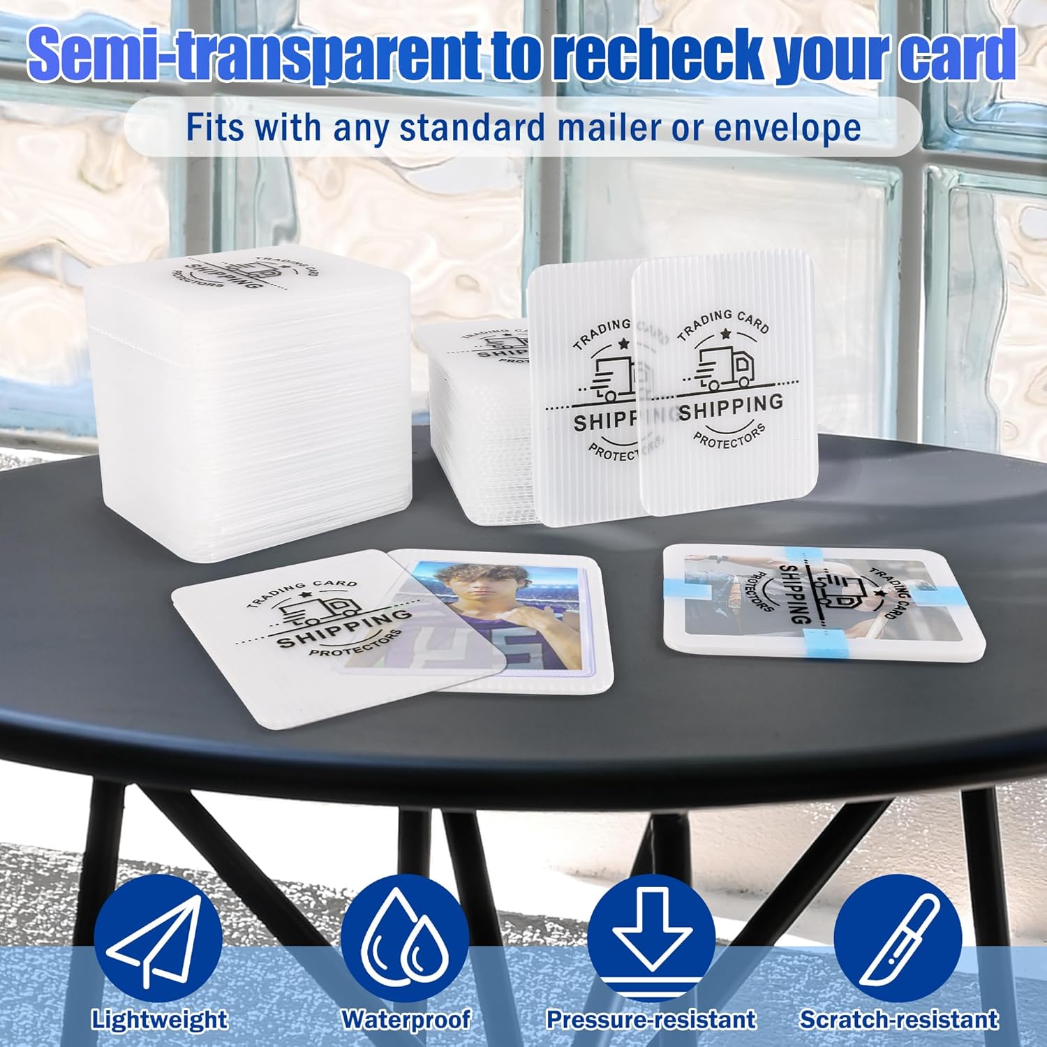 200 Pack Trading Card Shipping Protectors with Tape Rolls, AHIER 3.5'' x 4.5'' Plastic Cardboard Inserts for Bubble Mailers, Translucent Semi Rigid Precut Card Savers for Mailing Shipping Supplies