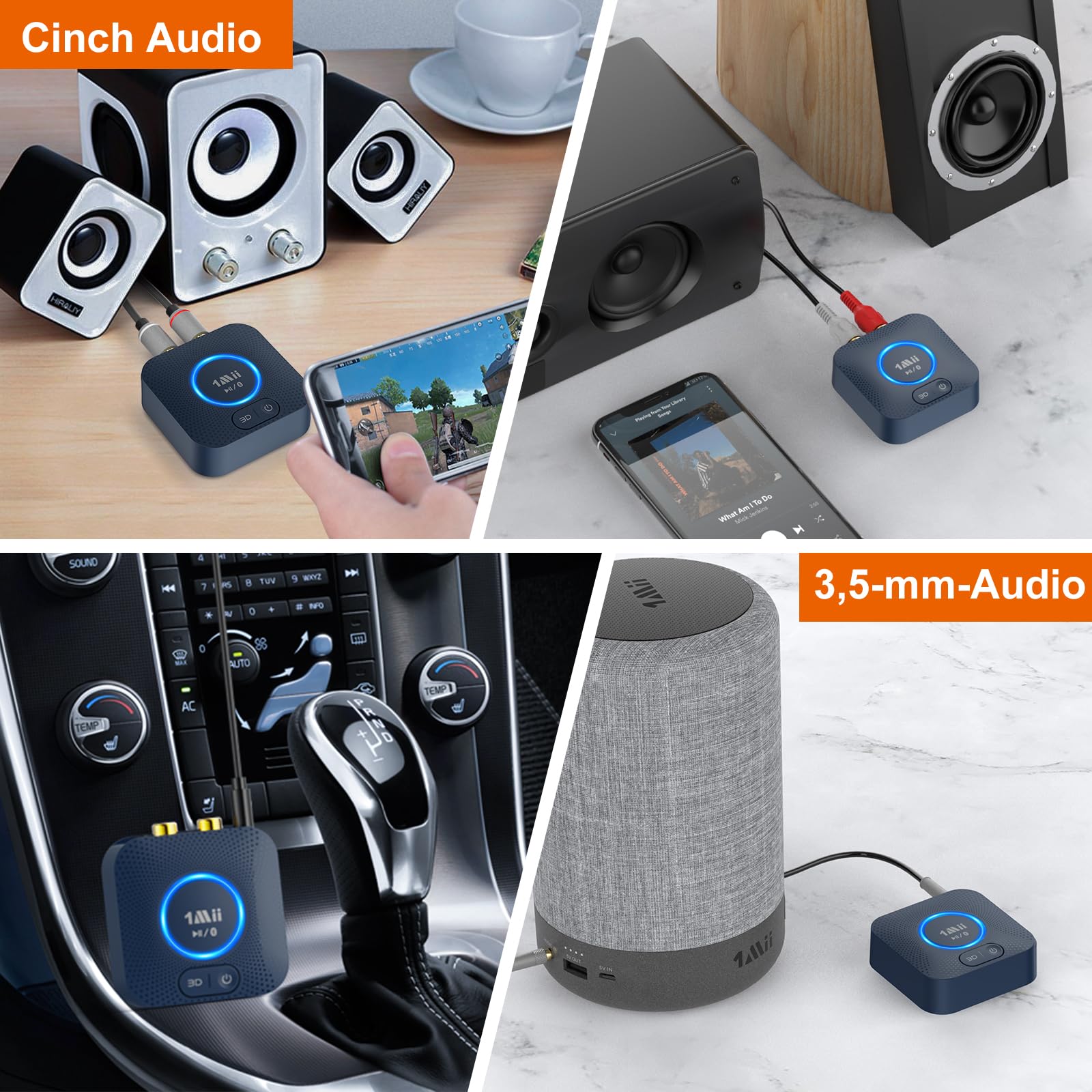1Mii Bluetooth 5.3 Empfänger für Stereoanlage, HiFi Kabelloser Audio Adapter mit aptX HD & Low Latency, 3,5mm-Klinke & Cinch, 15 Std. Akkulaufzeit, 3D Surround